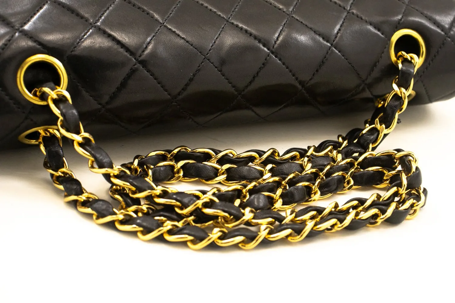 CHANEL Classic Double Flap 10" Chain Shoulder Bag Black Lambskin m82