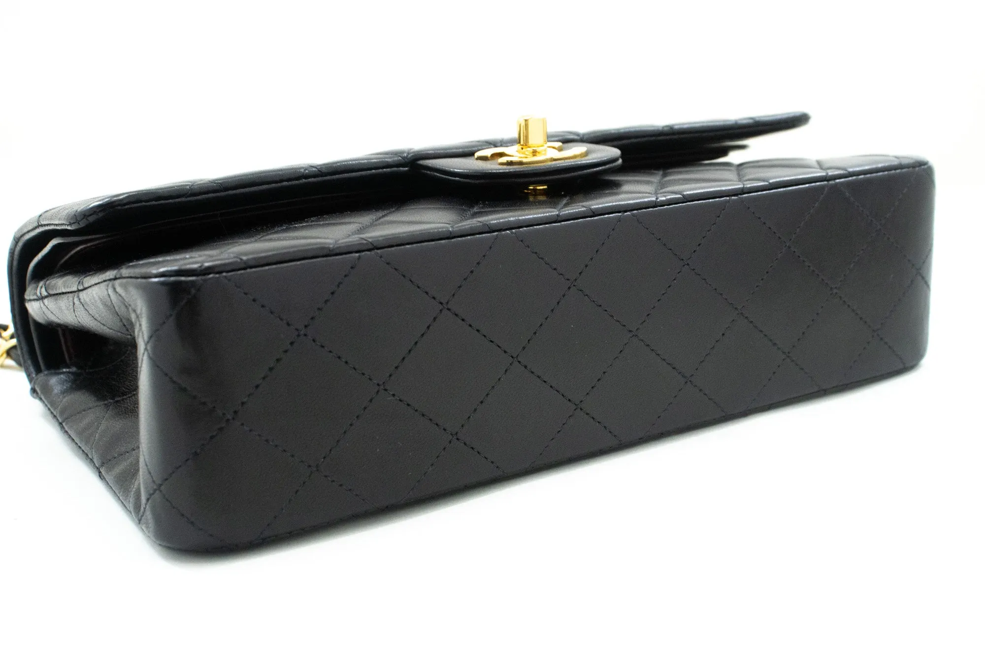 CHANEL Classic Double Flap 10" Chain Shoulder Bag Black Lambskin m82