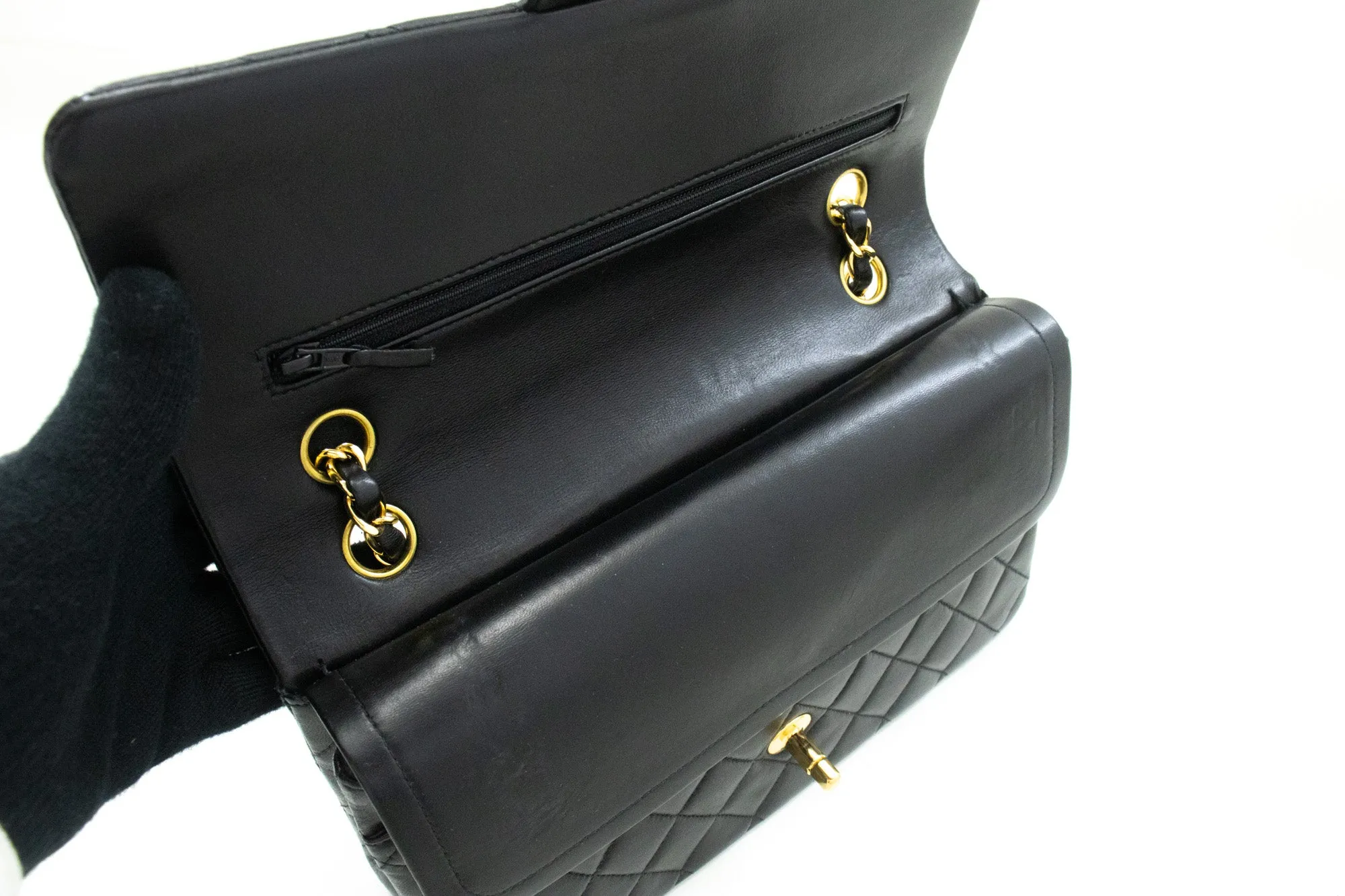 CHANEL Classic Double Flap 10" Chain Shoulder Bag Black Lambskin m82