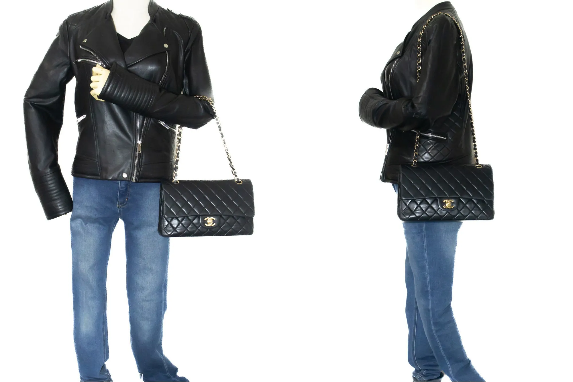 CHANEL Classic Double Flap Medium Chain Shoulder Bag Black Lamb m03