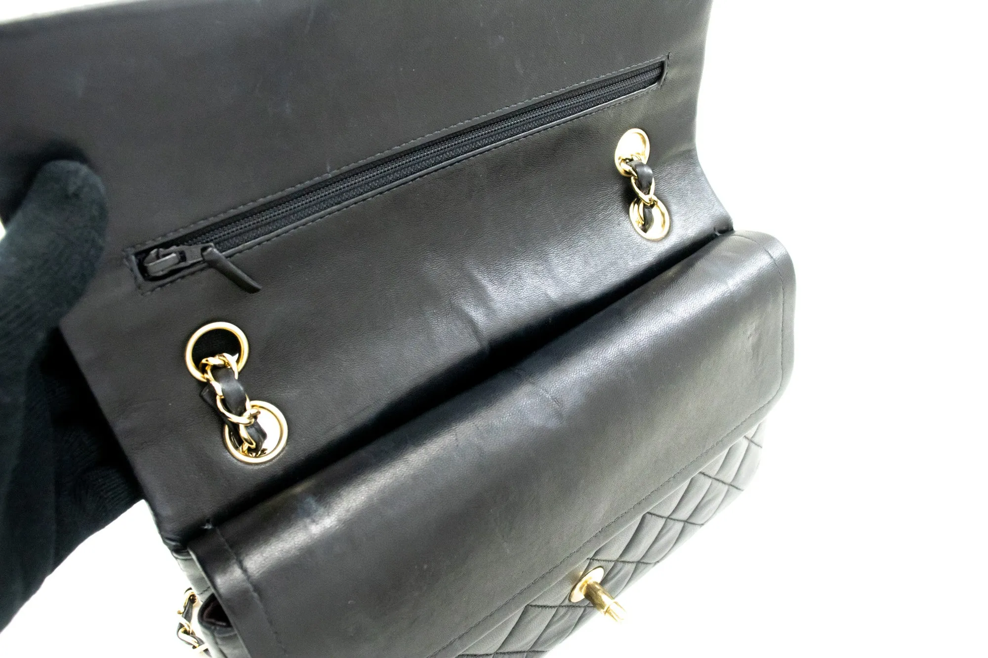 CHANEL Classic Double Flap Medium Chain Shoulder Bag Black Lamb m03