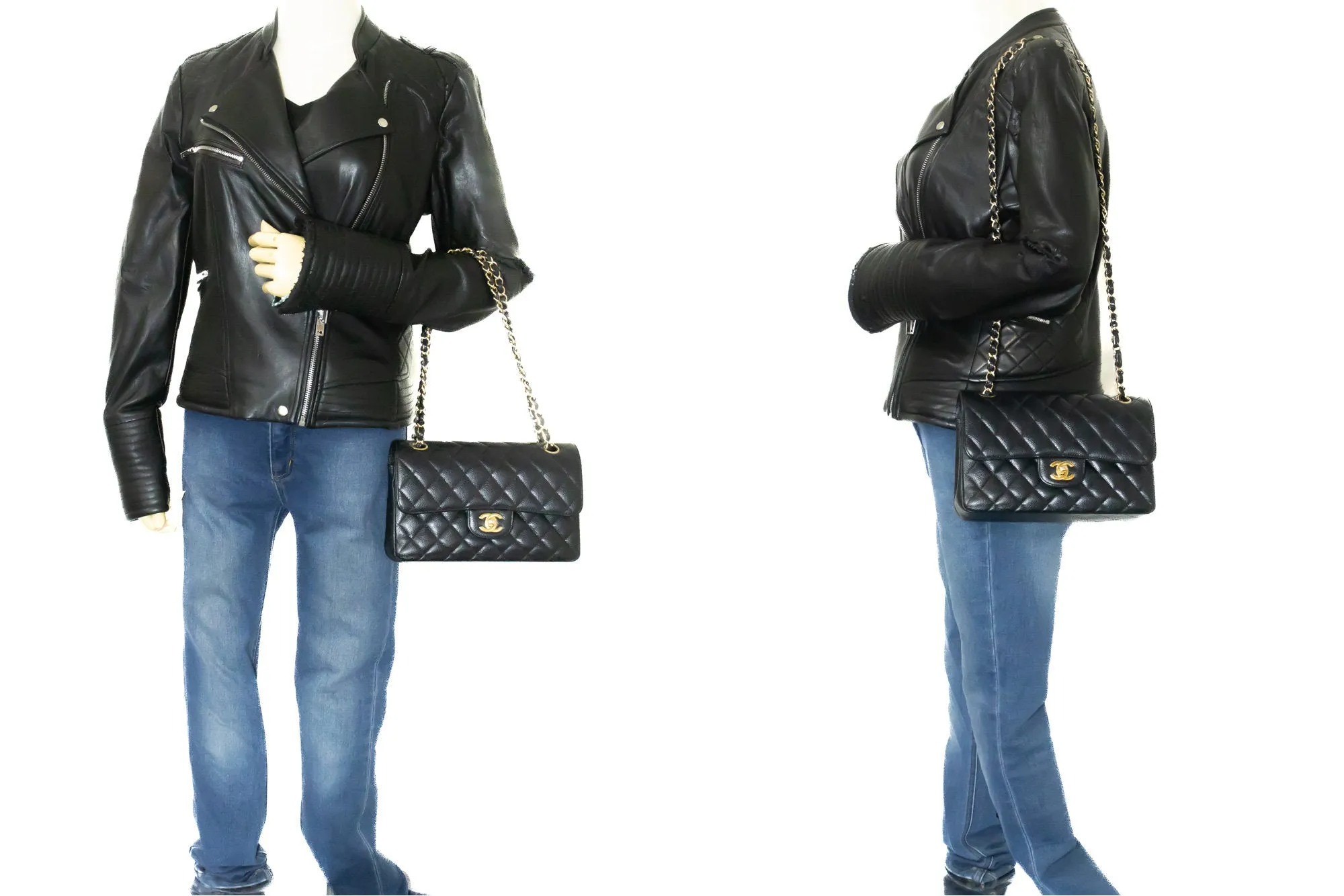 CHANEL Grained Calfskin Double Flap 9" Chain Shoulder Bag Black n49