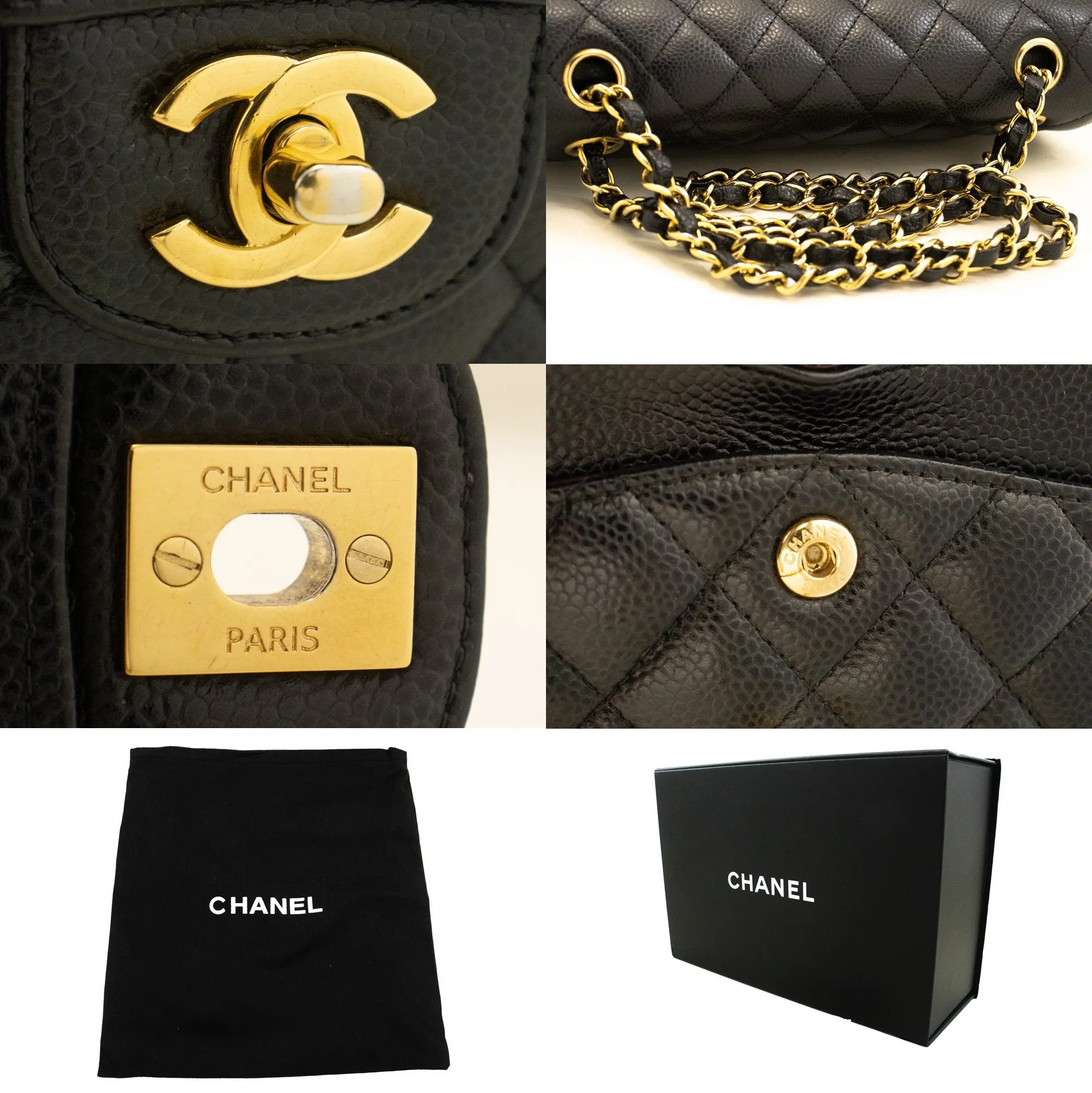 CHANEL Grained Calfskin Double Flap 9" Chain Shoulder Bag Black n49