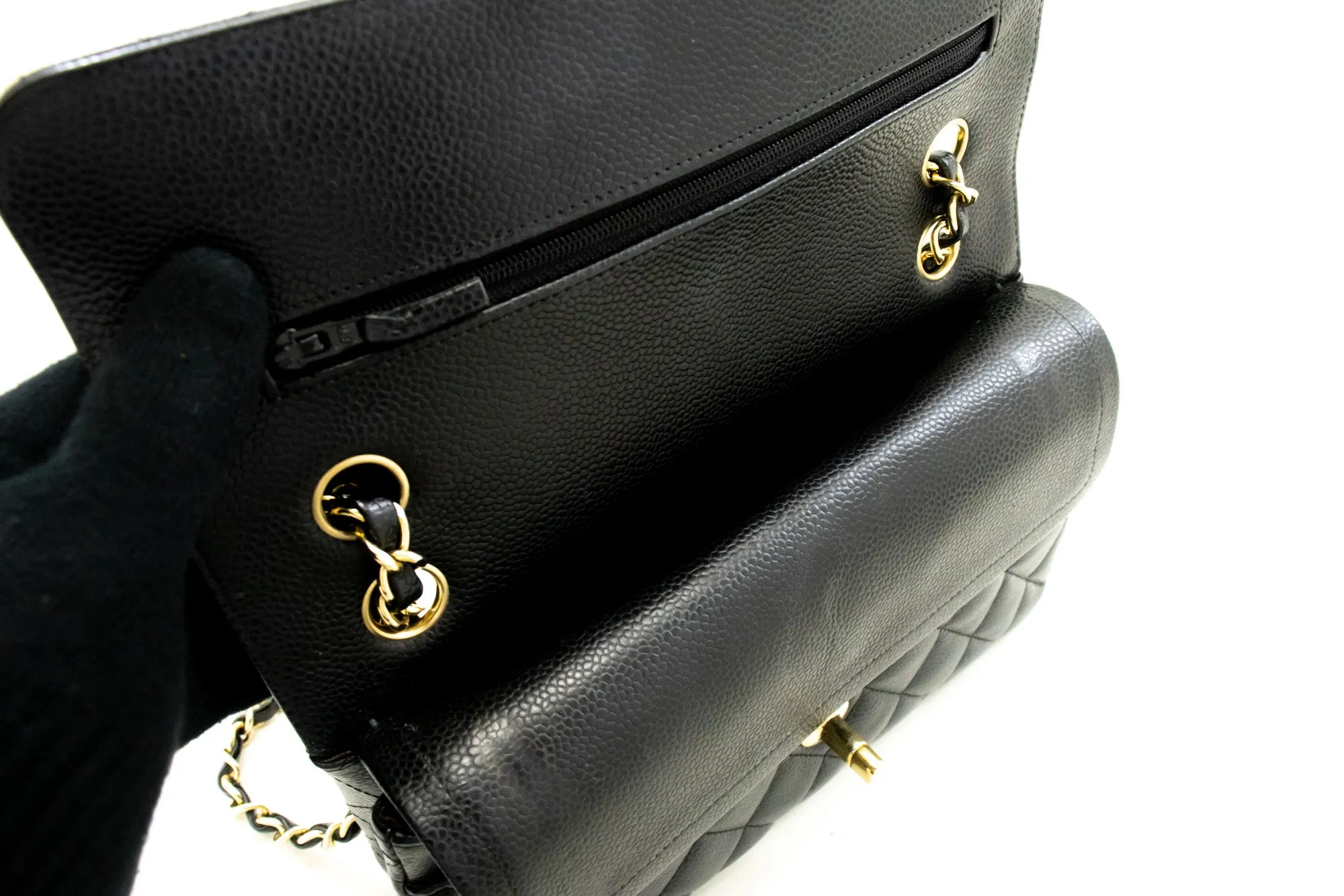 CHANEL Grained Calfskin Double Flap 9" Chain Shoulder Bag Black n49