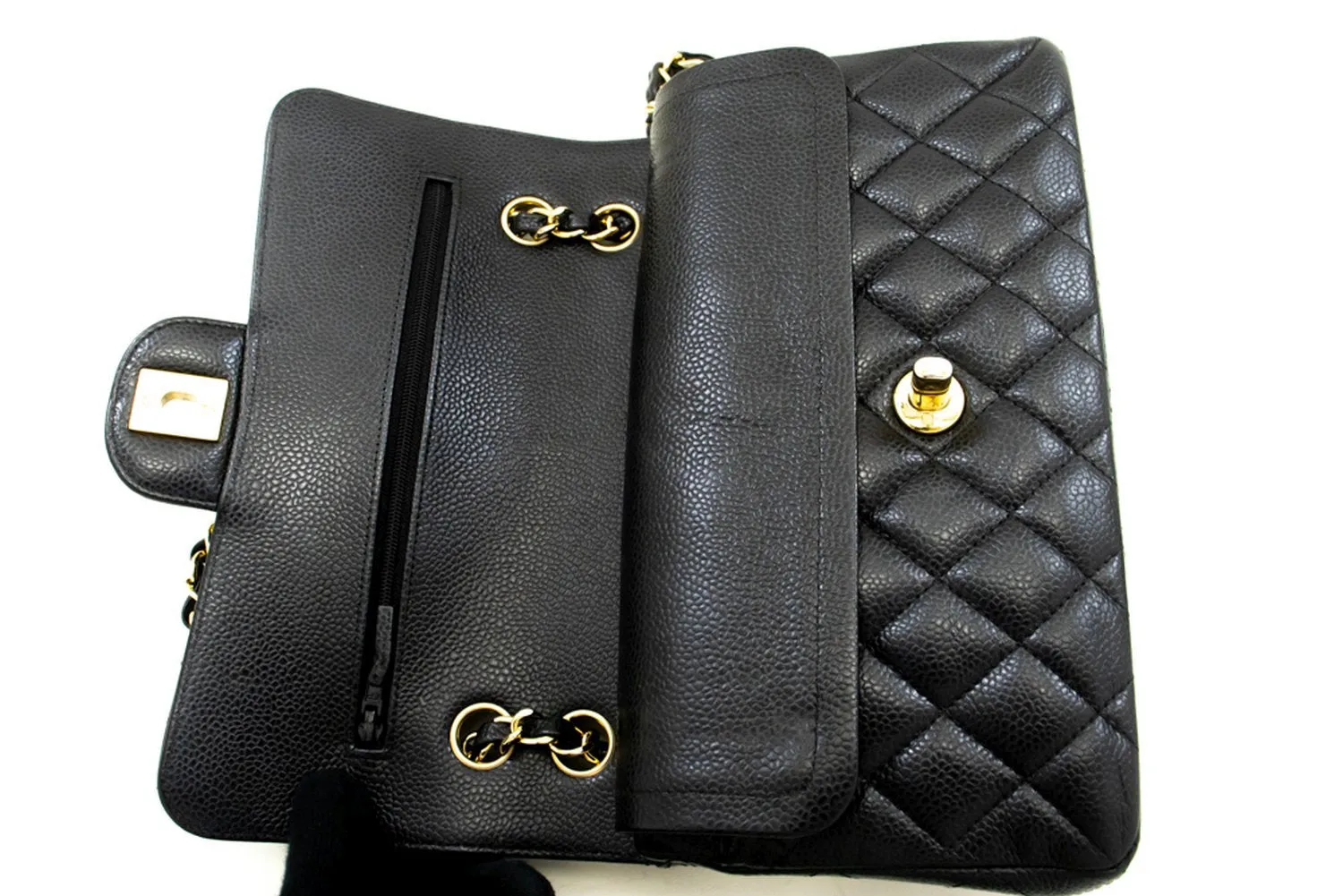 CHANEL Grained Calfskin Double Flap 9" Chain Shoulder Bag Black n49
