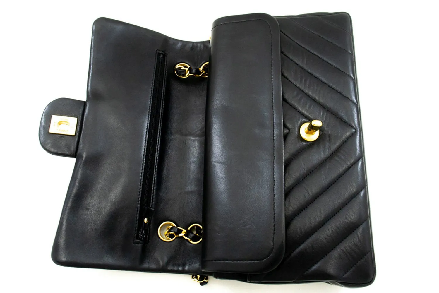 CHANEL V-Stitch Double Flap 10" Chain Shoulder Bag Black Lambskin n13