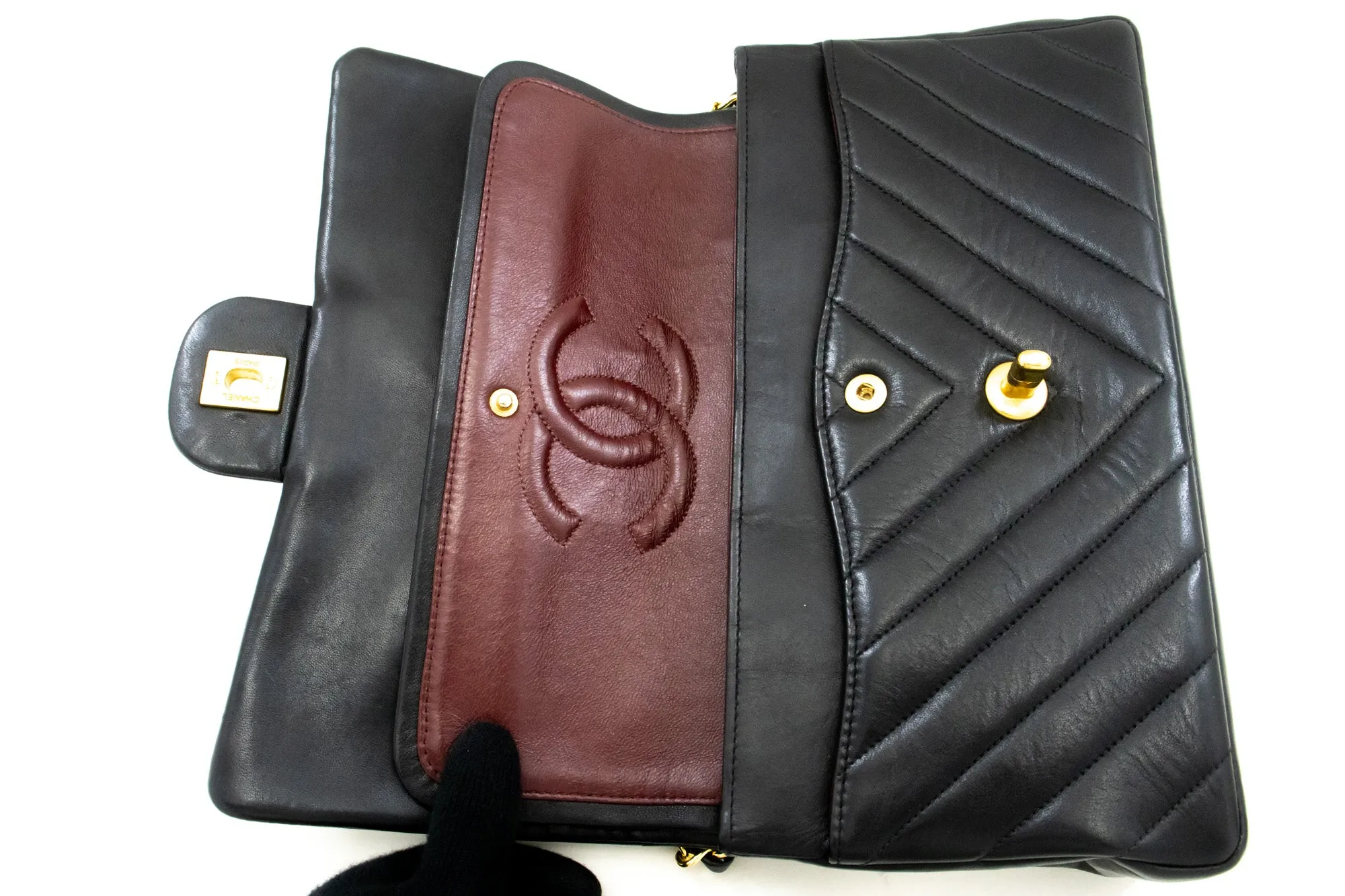CHANEL V-Stitch Double Flap 10" Chain Shoulder Bag Black Lambskin n13