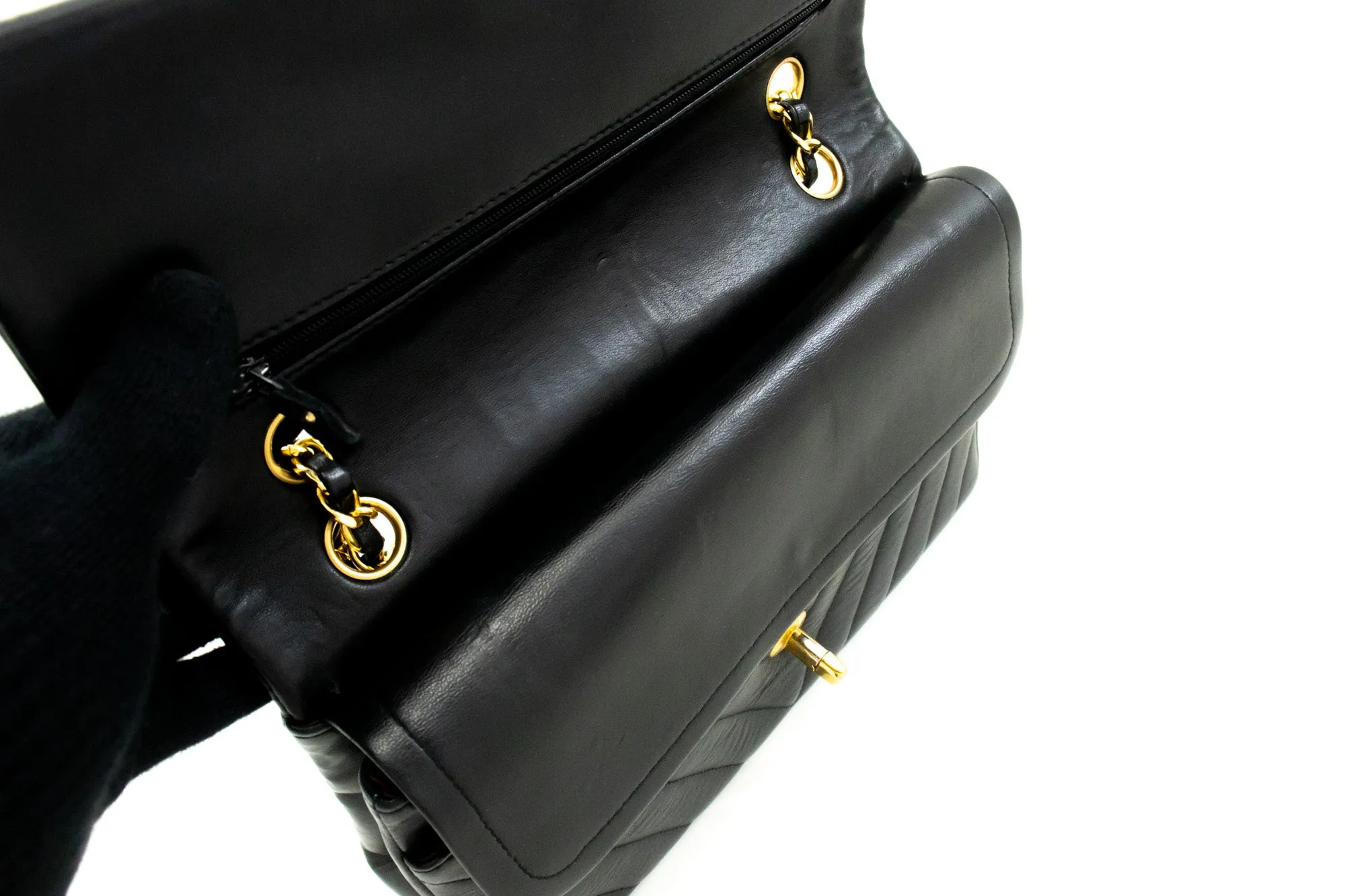 CHANEL V-Stitch Double Flap 10" Chain Shoulder Bag Black Lambskin n13
