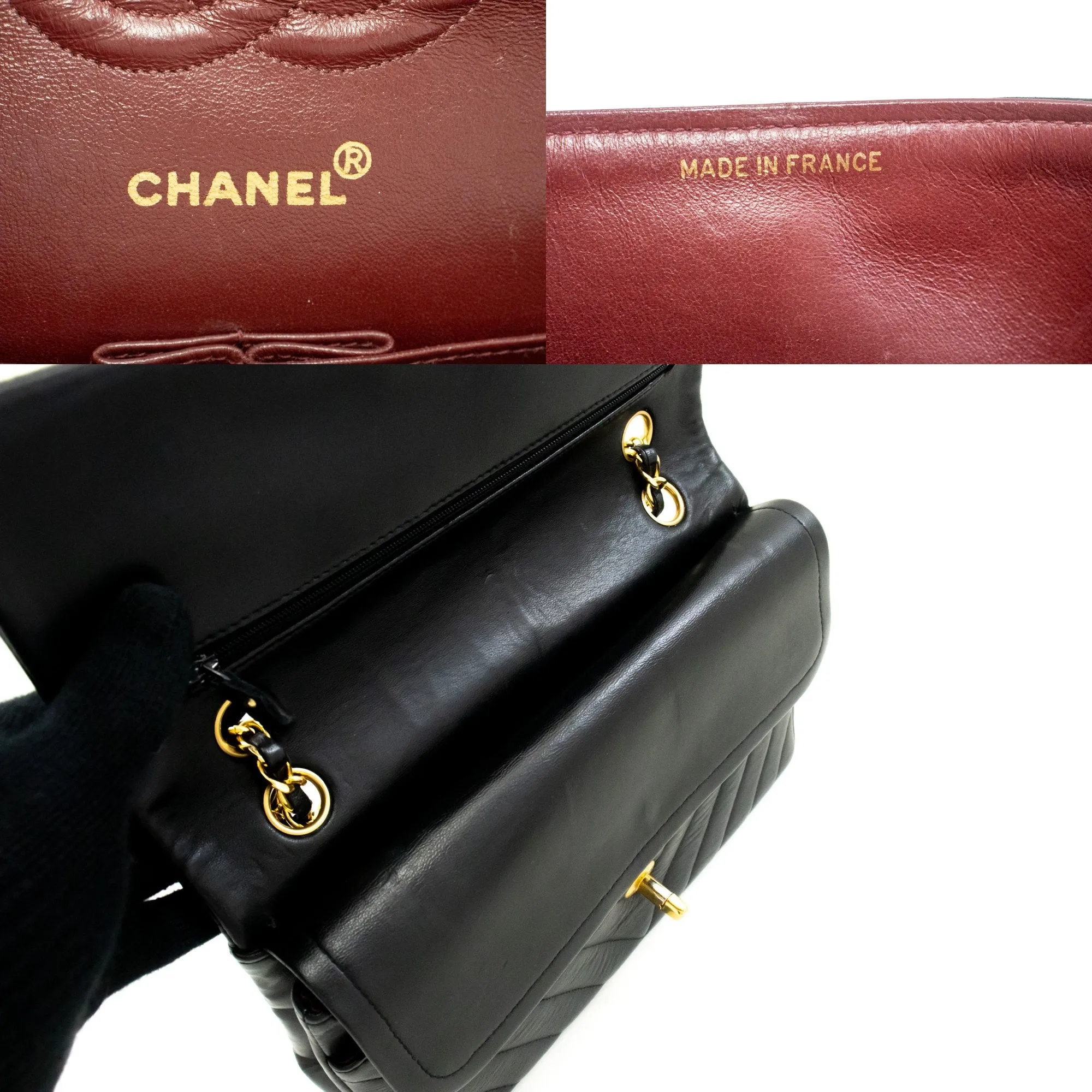 CHANEL V-Stitch Double Flap 10" Chain Shoulder Bag Black Lambskin n13