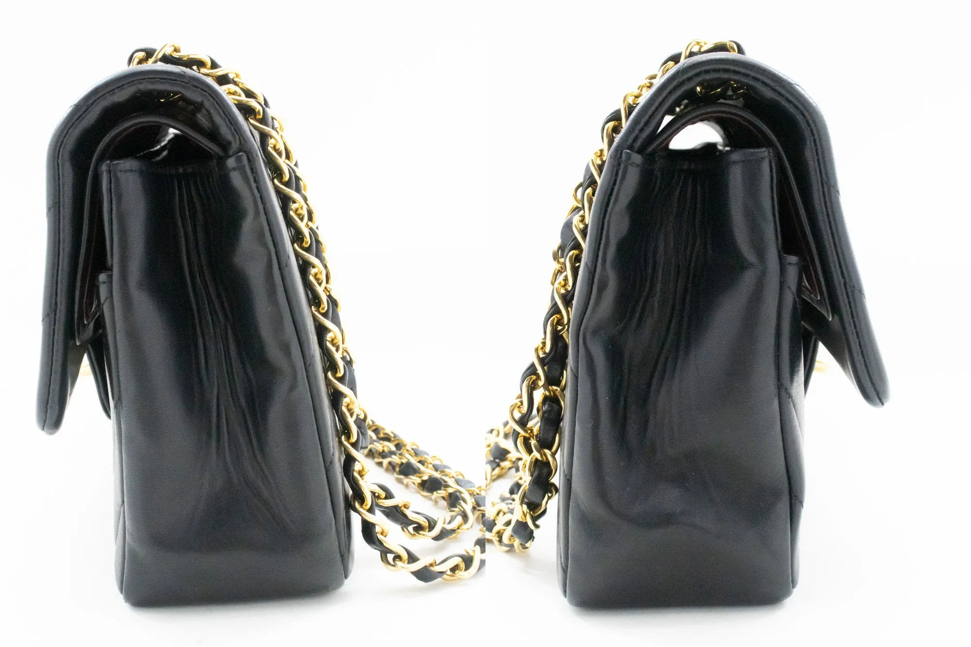 CHANEL V-Stitch Double Flap 10" Chain Shoulder Bag Black Lambskin n13