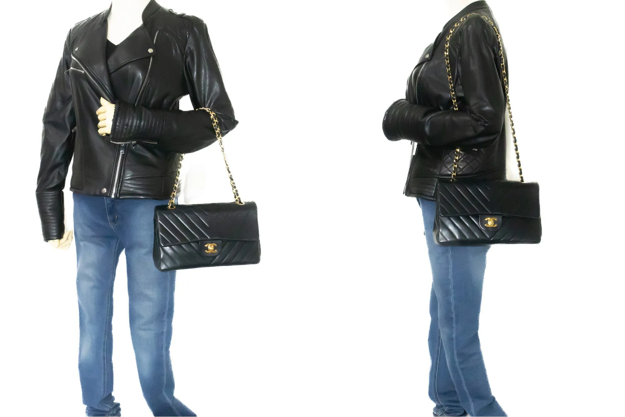 CHANEL V-Stitch Double Flap 10" Chain Shoulder Bag Black Lambskin n13