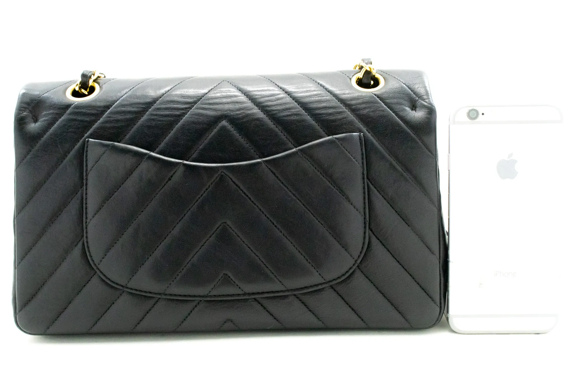 CHANEL V-Stitch Double Flap 10" Chain Shoulder Bag Black Lambskin n13