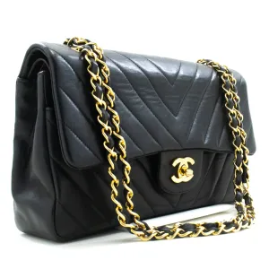 CHANEL V-Stitch Double Flap 10" Chain Shoulder Bag Black Lambskin n13