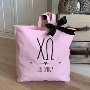 Chi Omega Pink Canvas Tote Bag with Black Bow