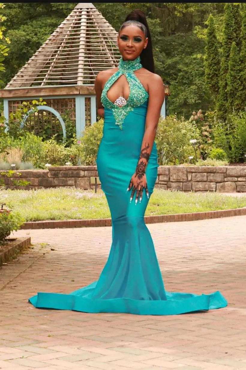 Chiffon Halter Sexy Green Mermaid Prom Dress Beaded Long Backless