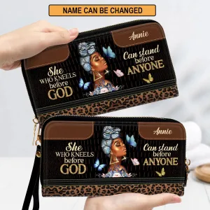 Christianartbag Clutch Purse, She Who Kneels Before God Can Stand Before Anyone Clutch Purse For Women, Personalized Name, Christian Gifts For Women, CAB03091223.