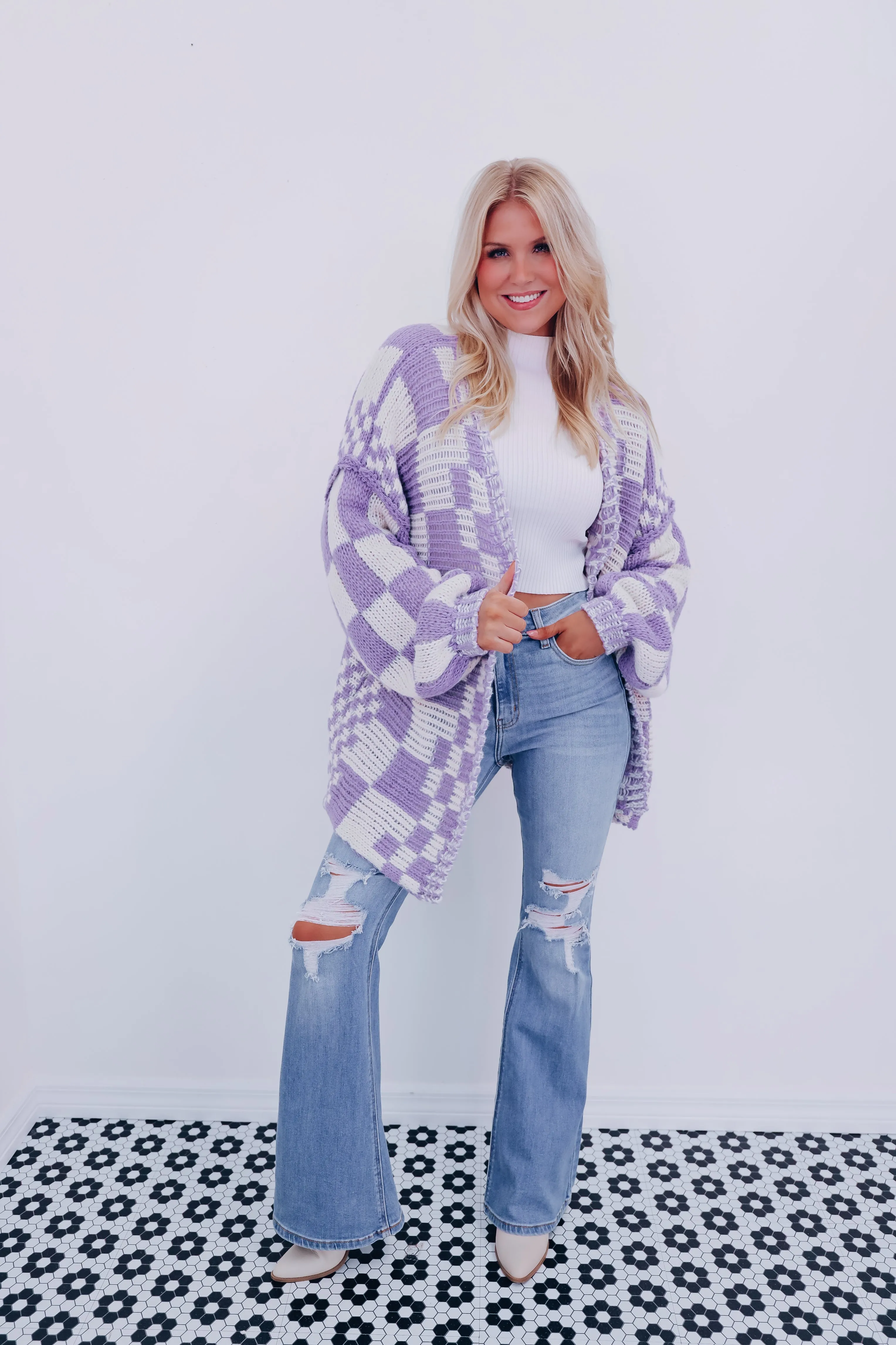 Clara Checkered Cardigan - Lavender Combo