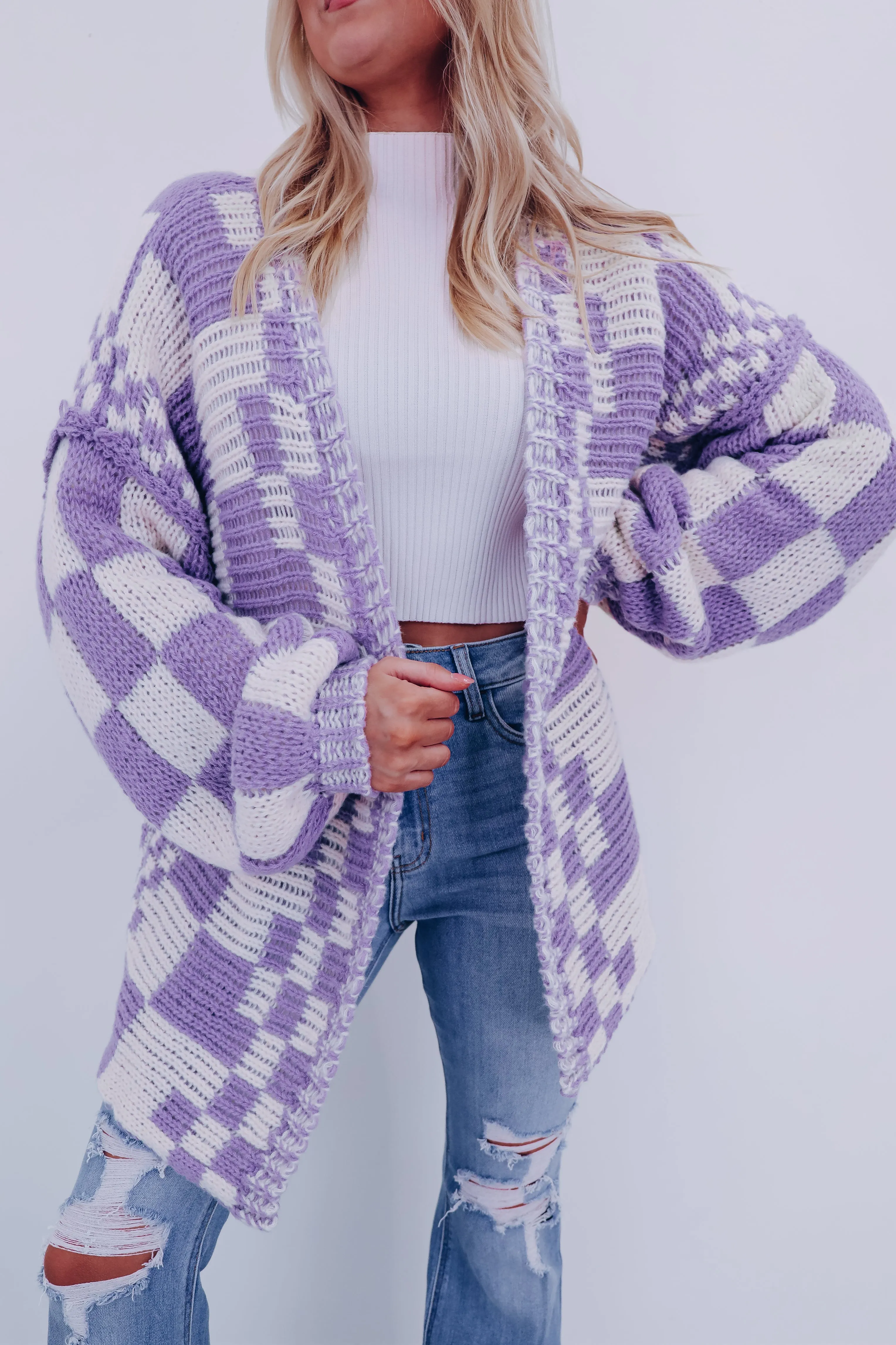 Clara Checkered Cardigan - Lavender Combo