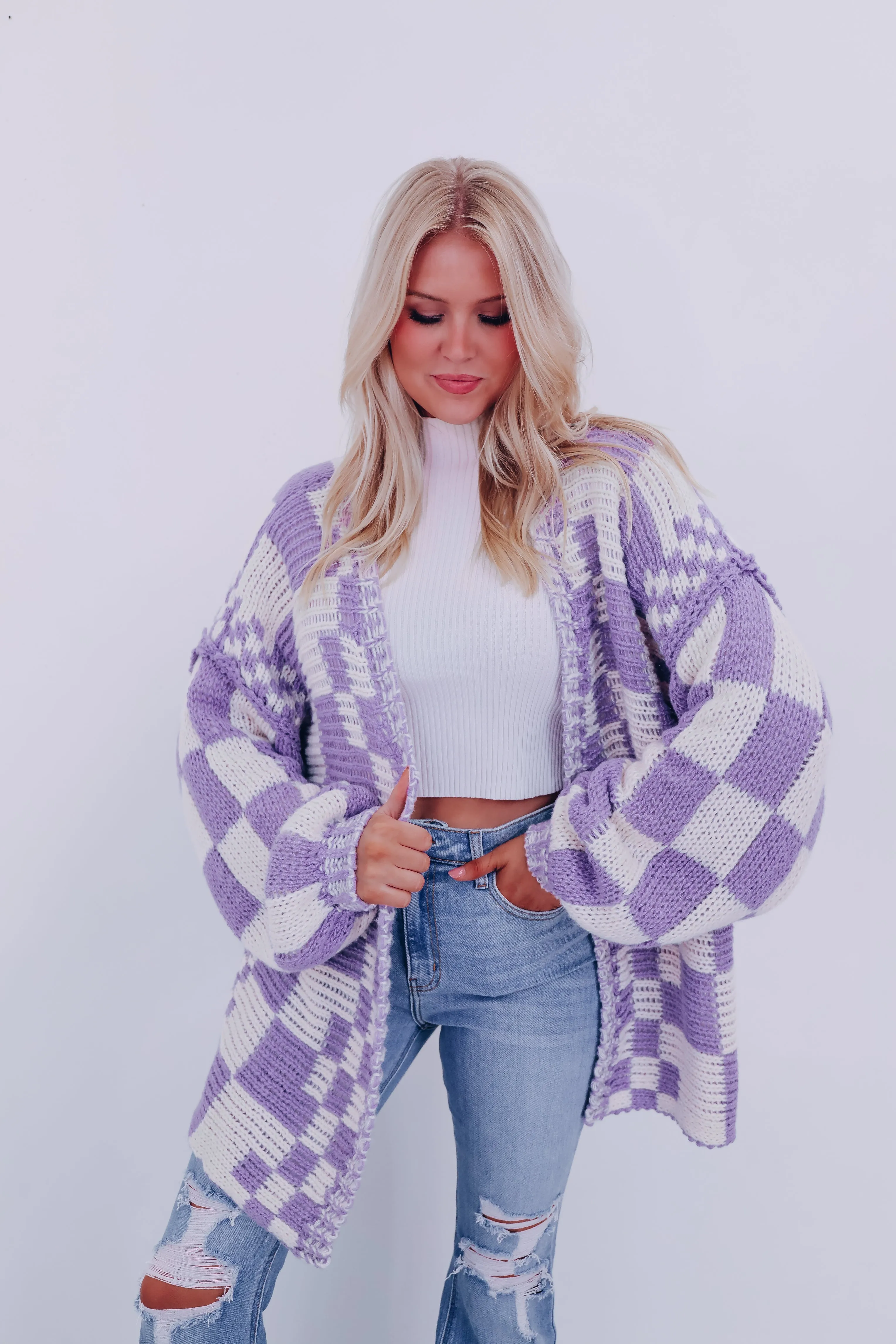 Clara Checkered Cardigan - Lavender Combo