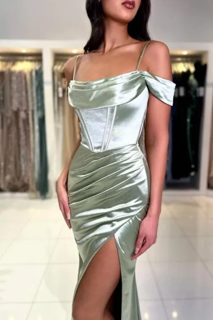 Classic Long Mermaid Gorgeous Spaghetti Straps Off-the-shoulder Satin Prom Dress With Slit