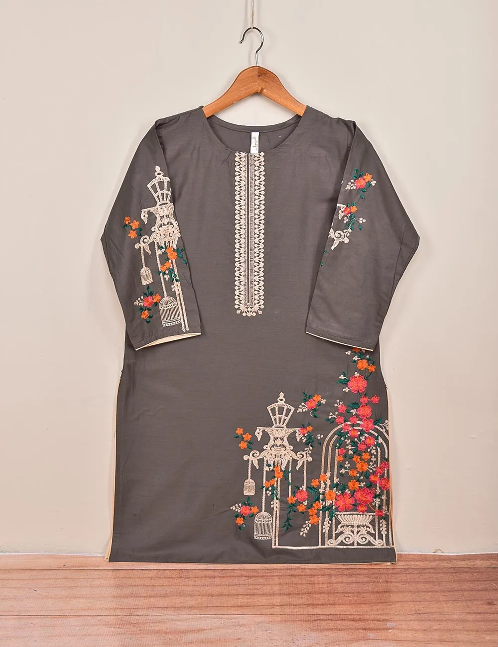 Cotton Embroidered Stitched Kurti - Majestic Cage (TS-021G-PurplishGrey)