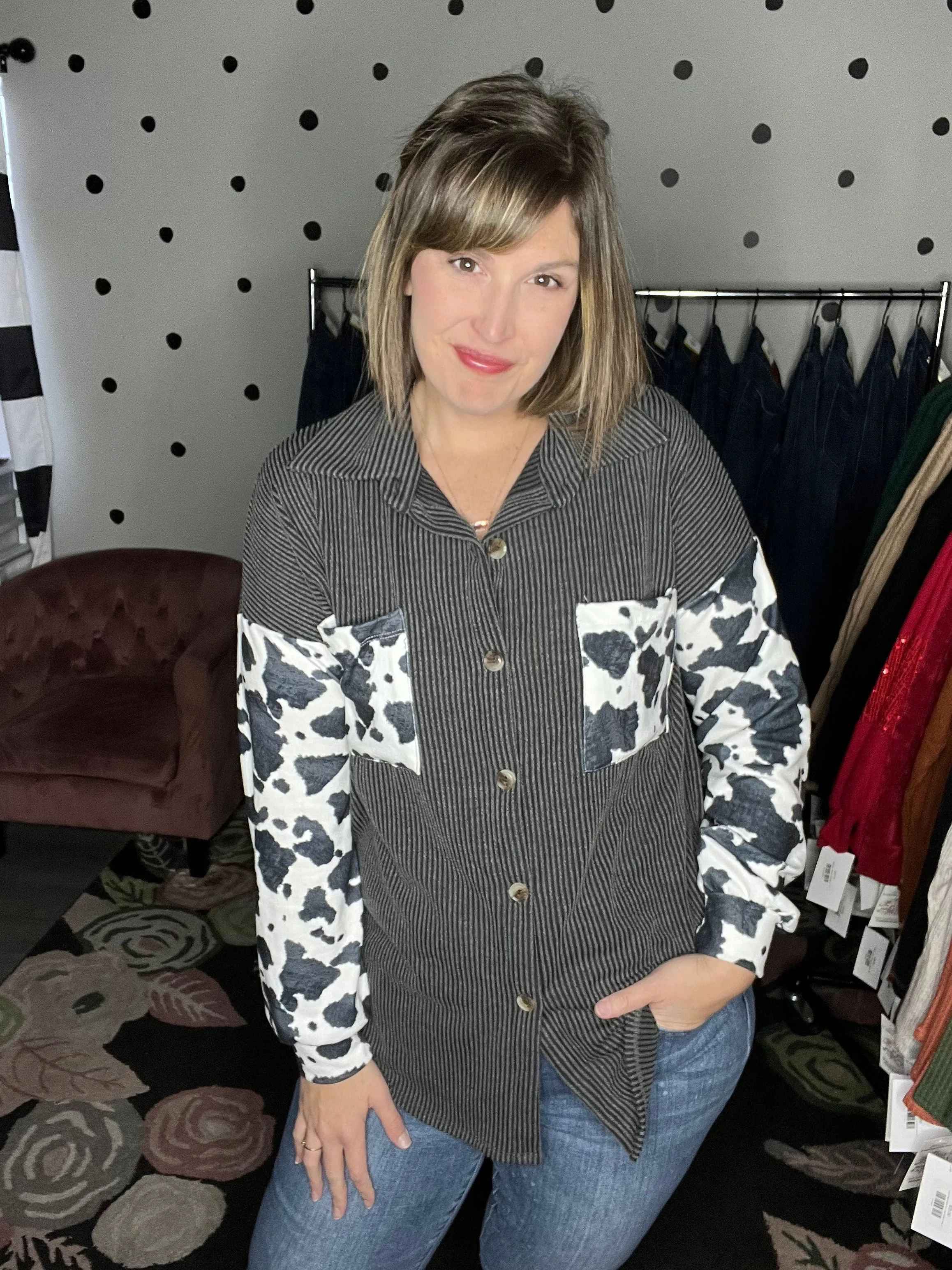 Cow Print Ribbed Shacket