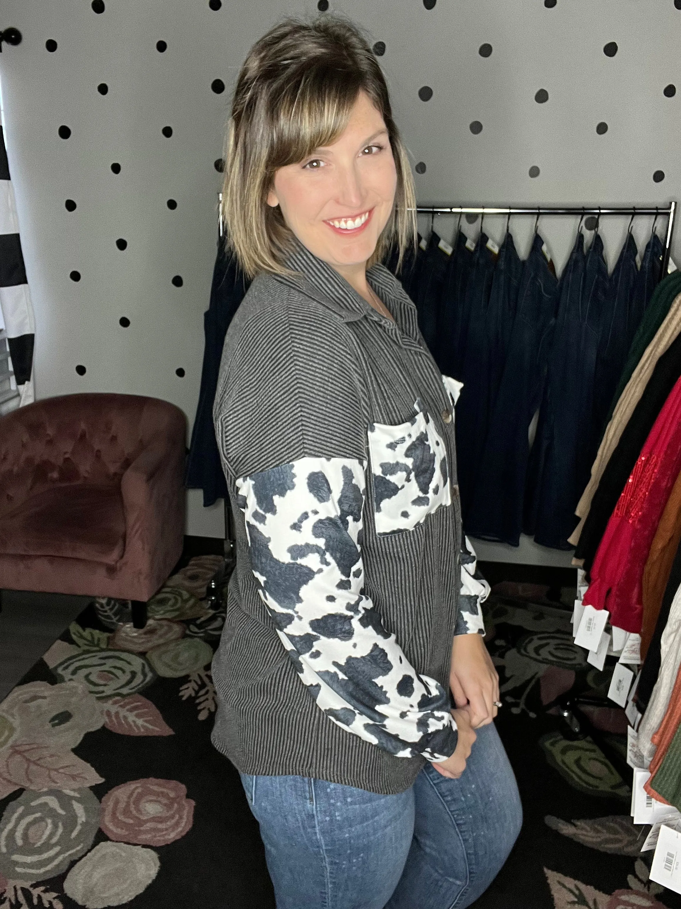 Cow Print Ribbed Shacket