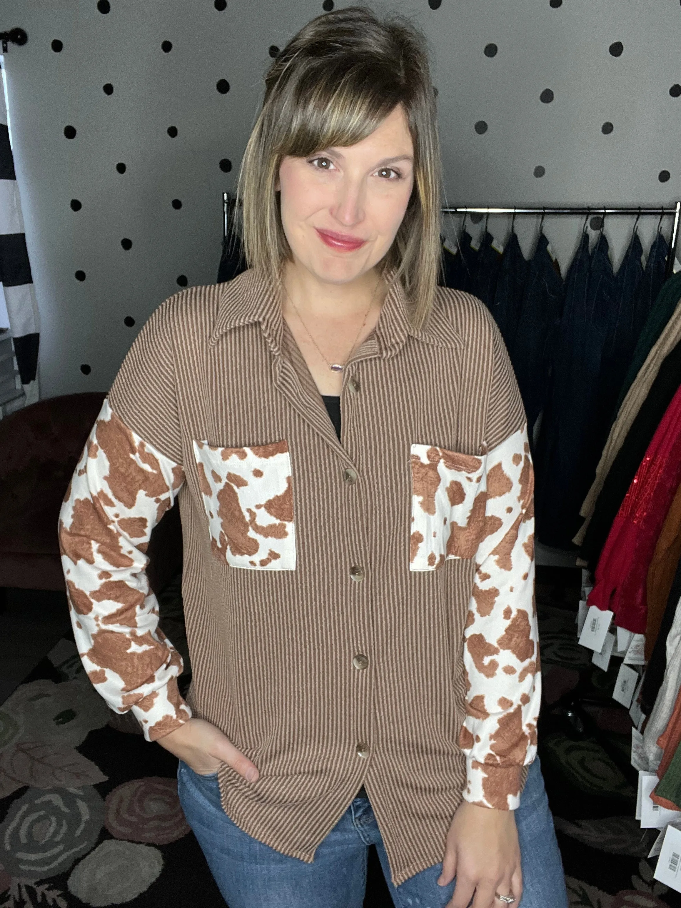 Cow Print Ribbed Shacket