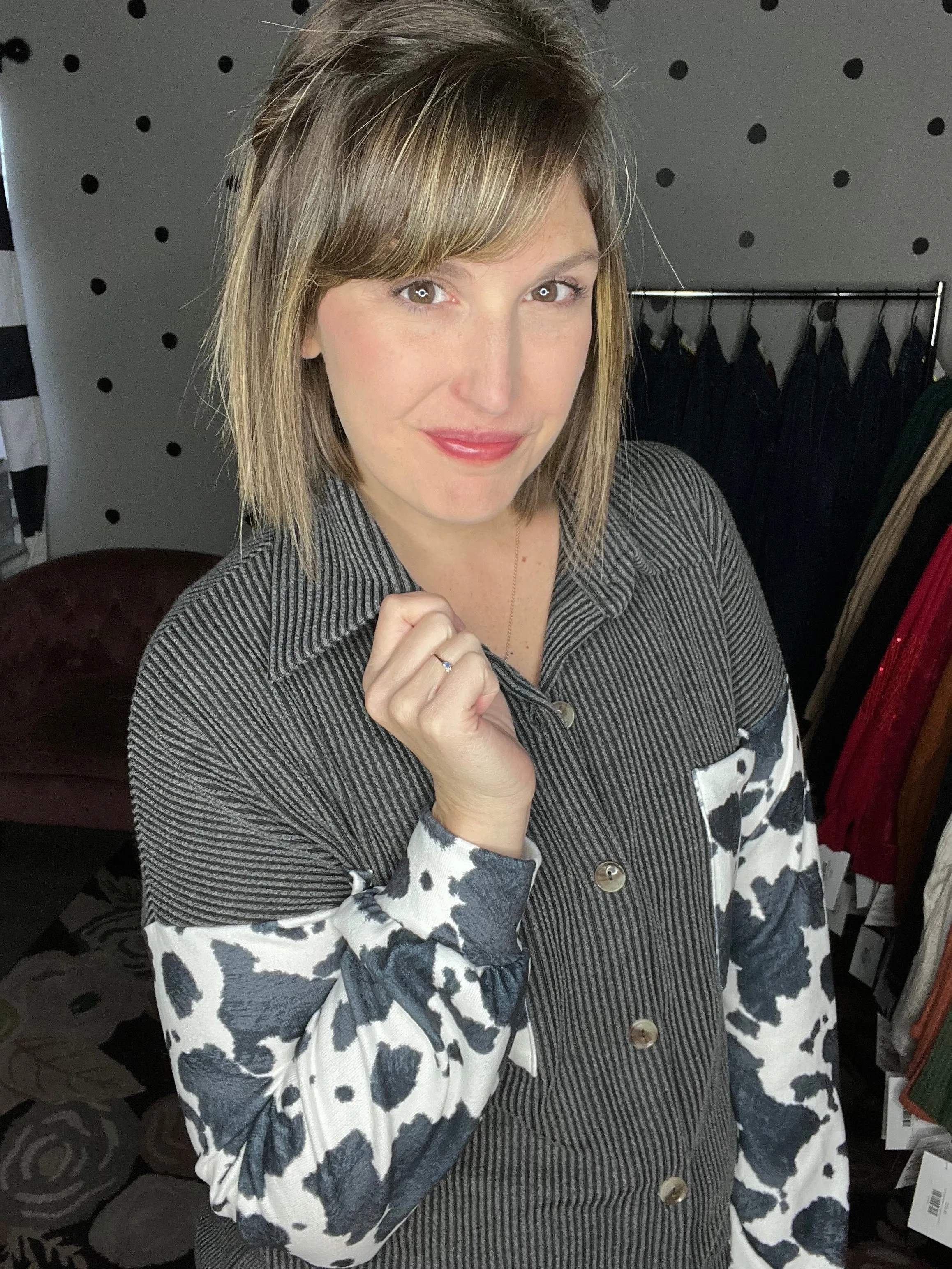 Cow Print Ribbed Shacket