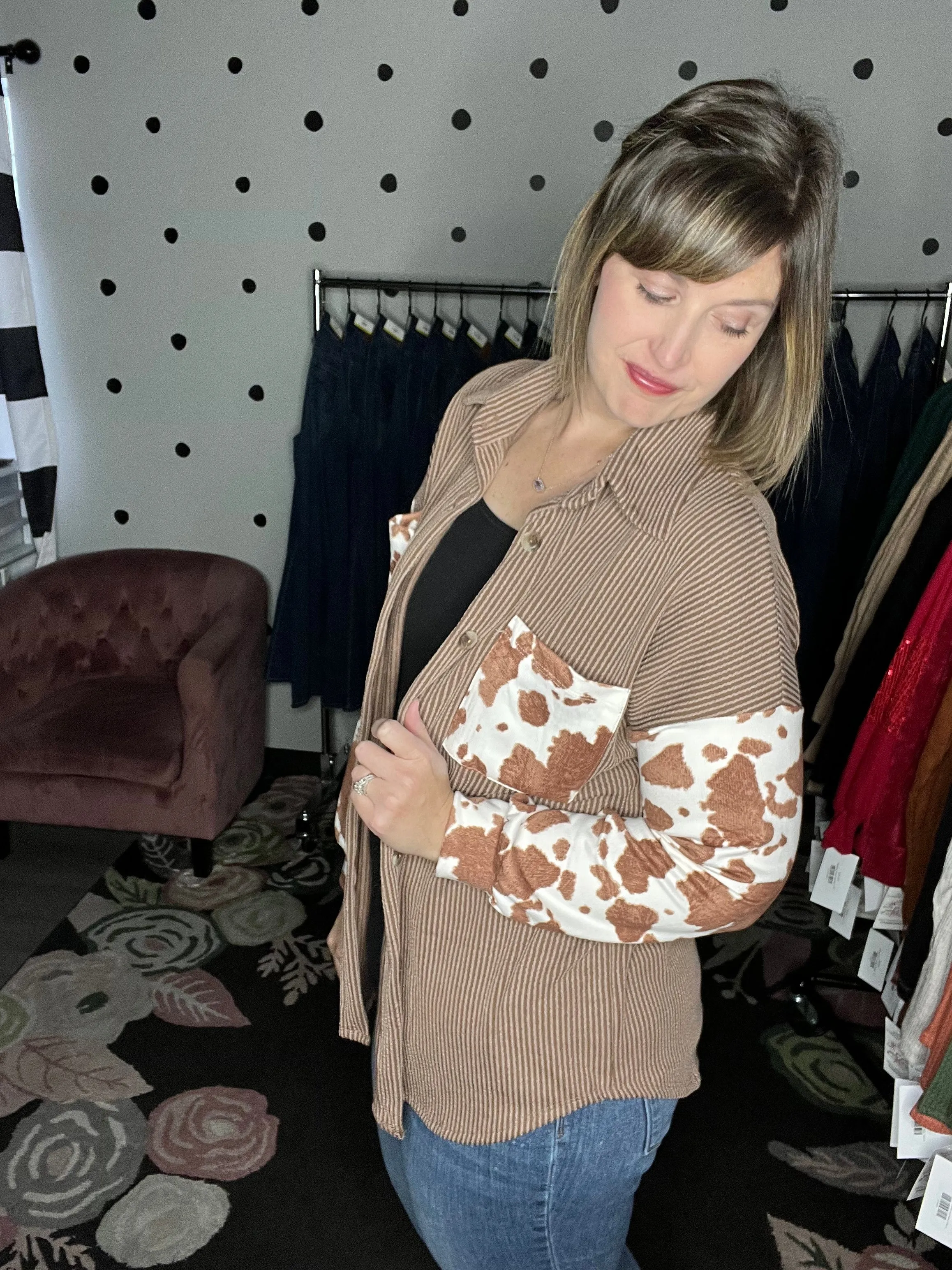 Cow Print Ribbed Shacket