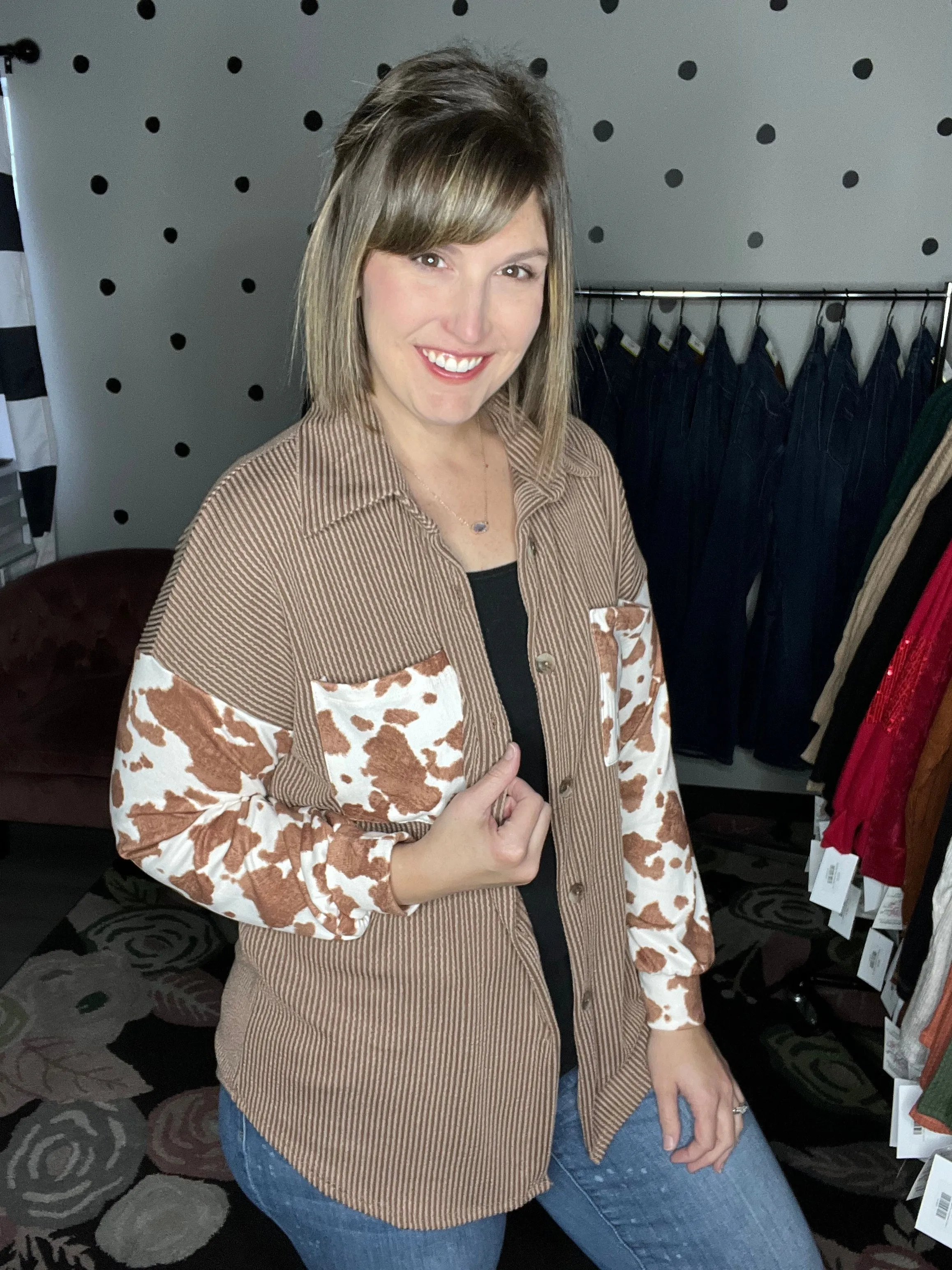 Cow Print Ribbed Shacket