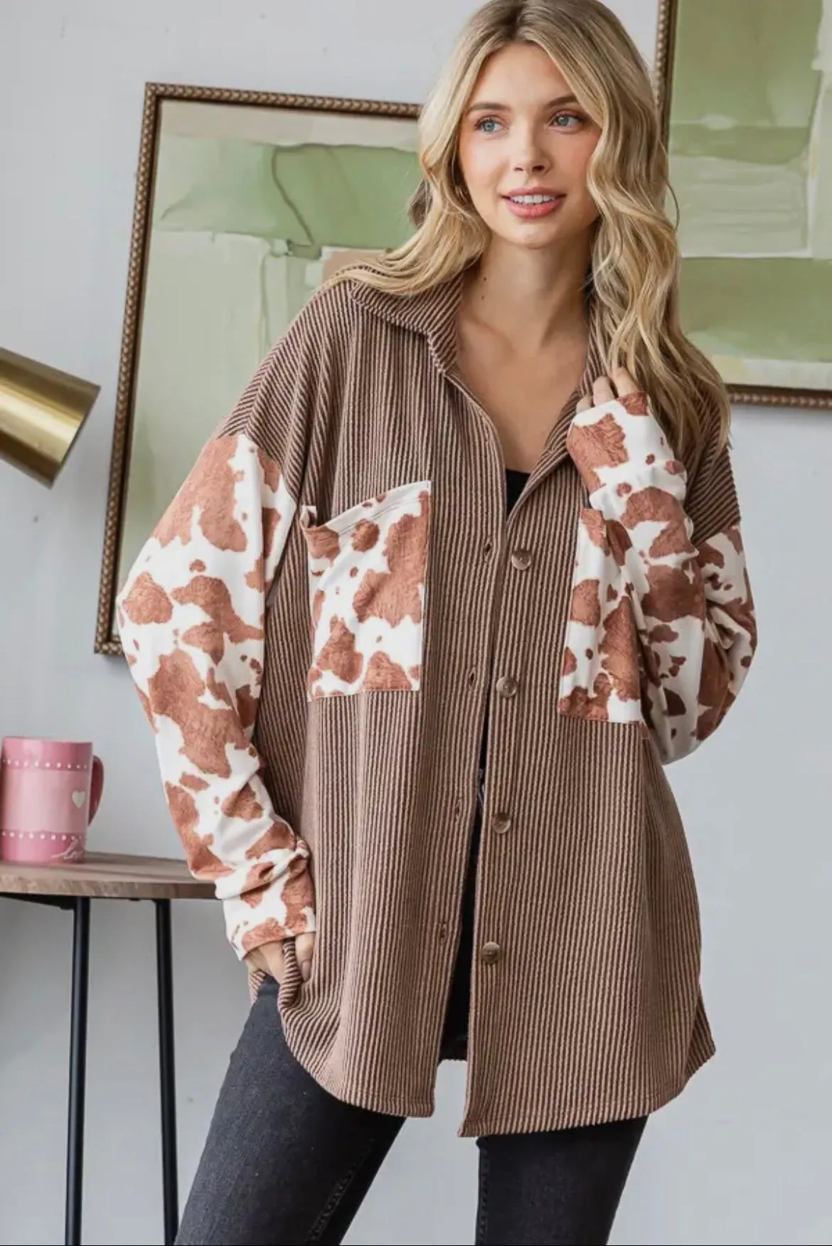 Cow Print Ribbed Shacket