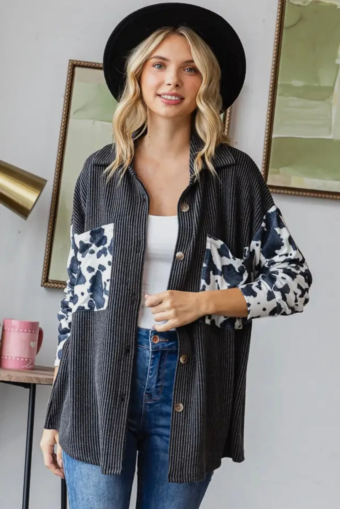 Cow Print Ribbed Shacket