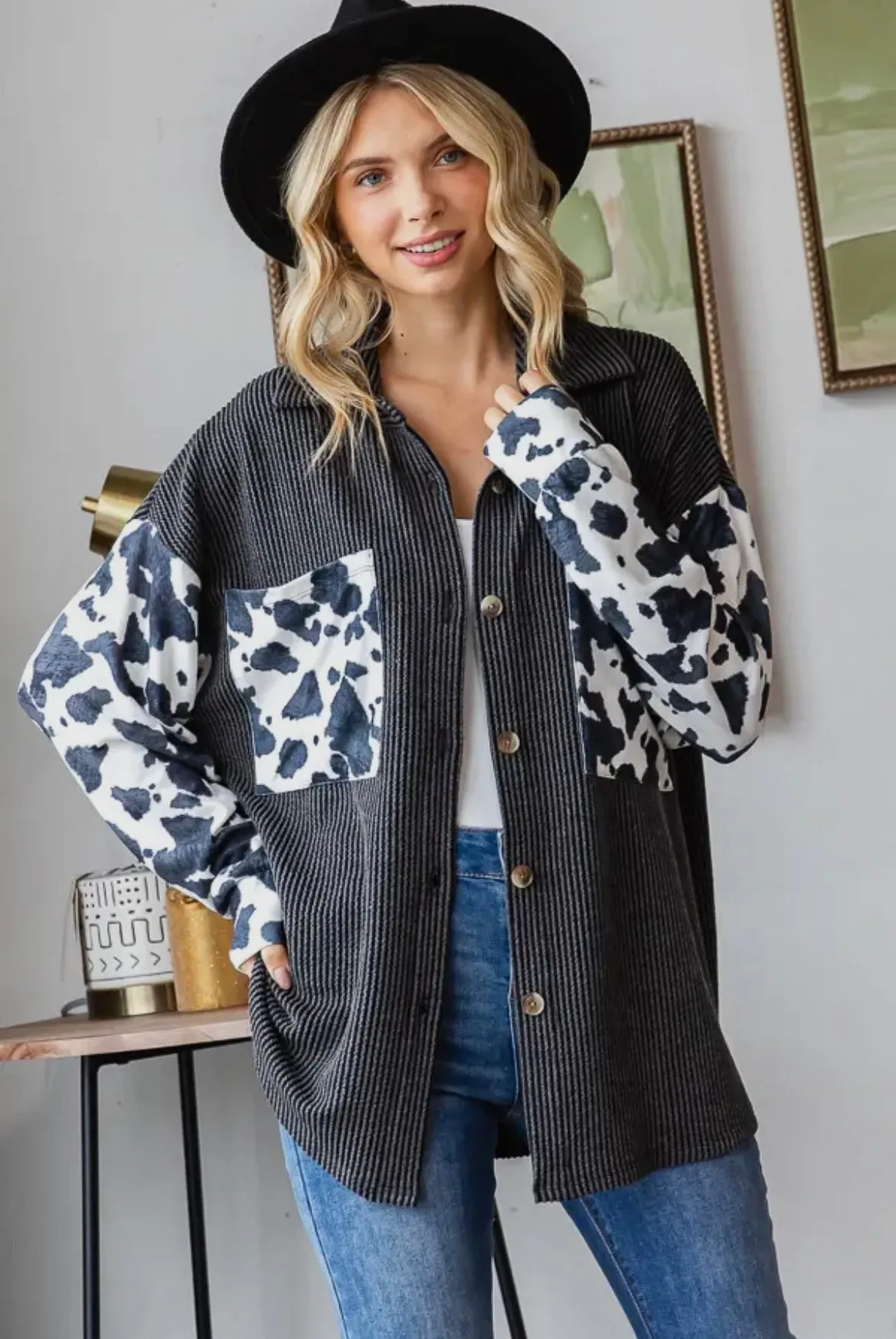 Cow Print Ribbed Shacket