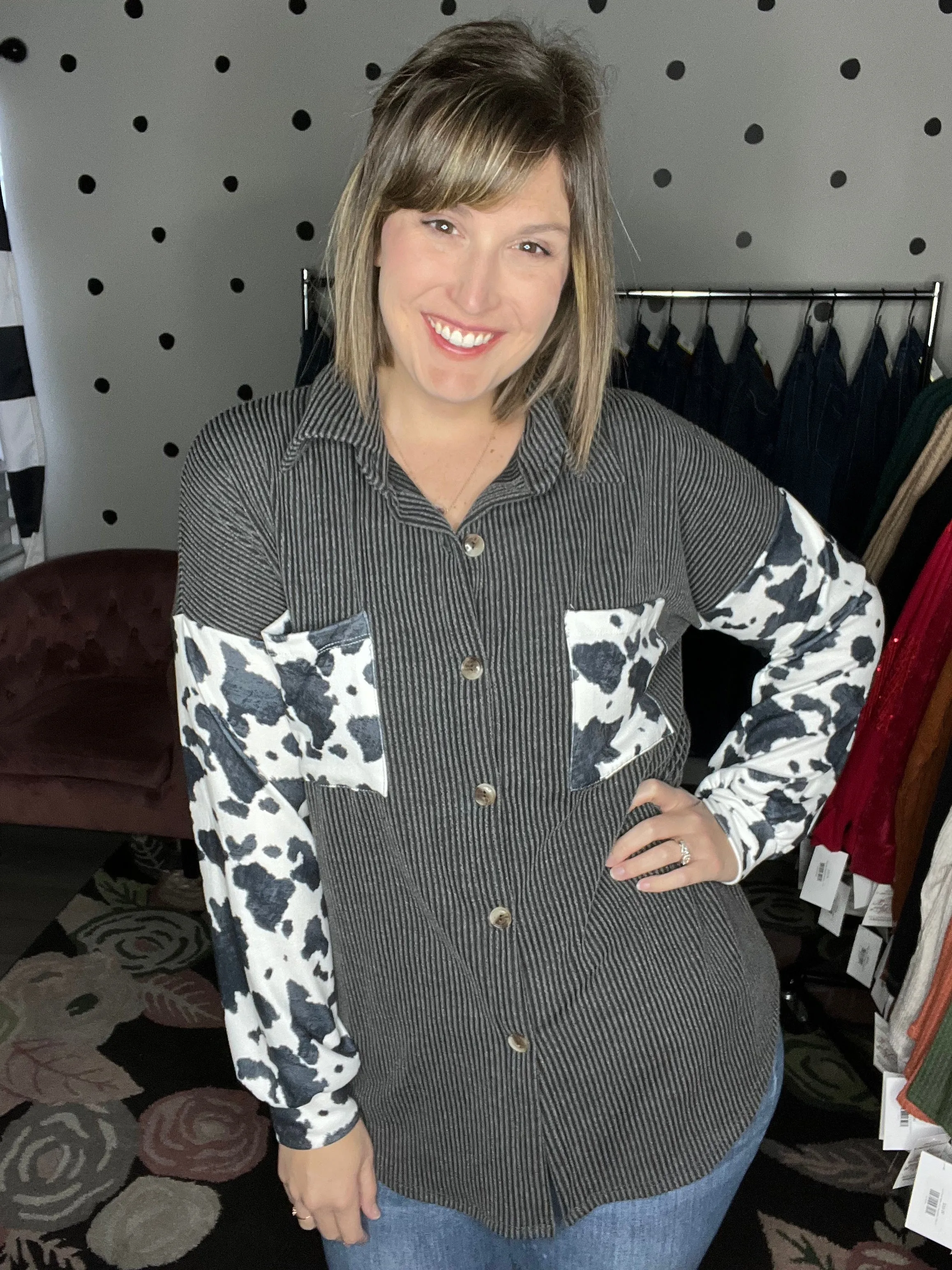 Cow Print Ribbed Shacket