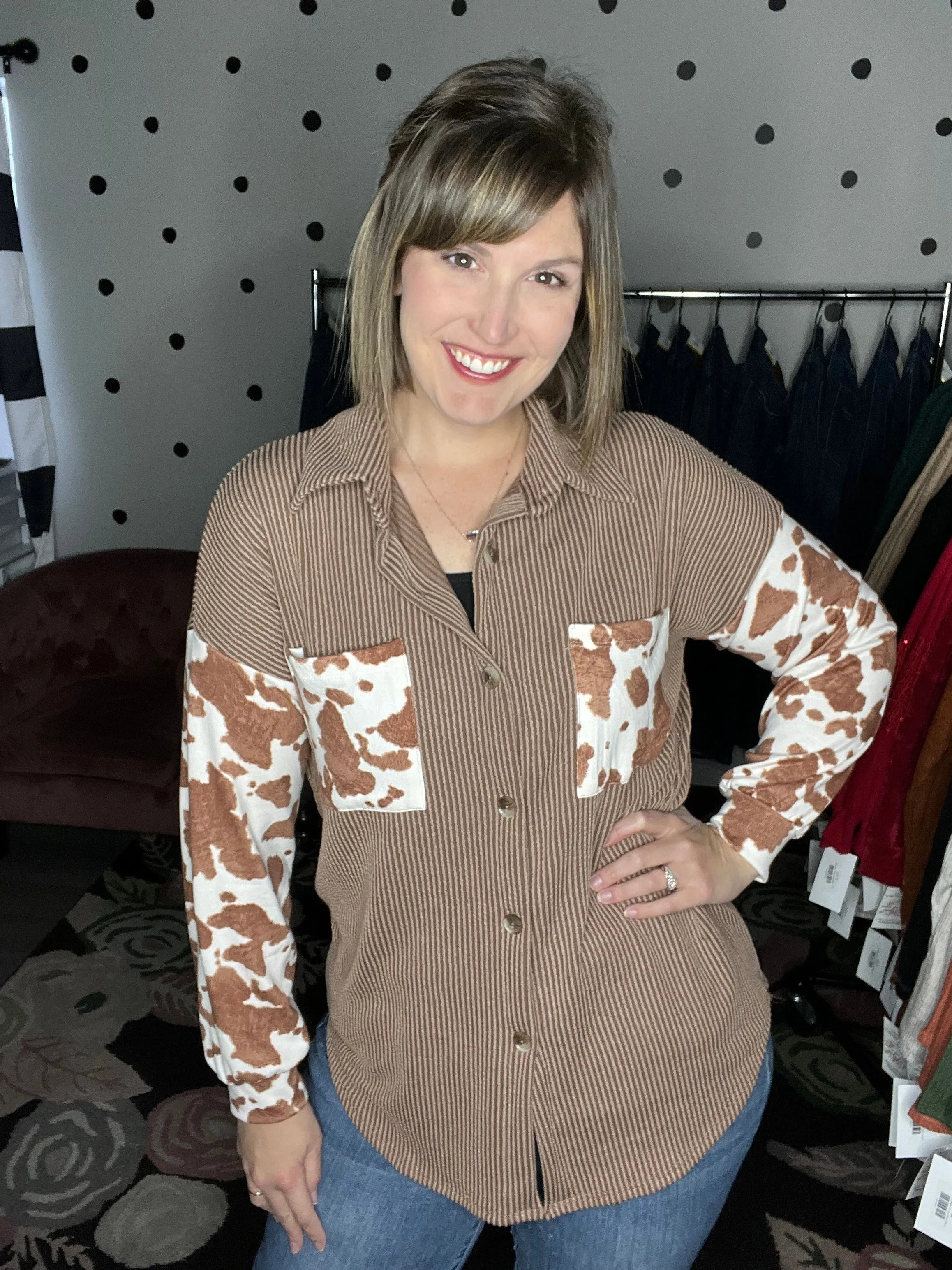 Cow Print Ribbed Shacket