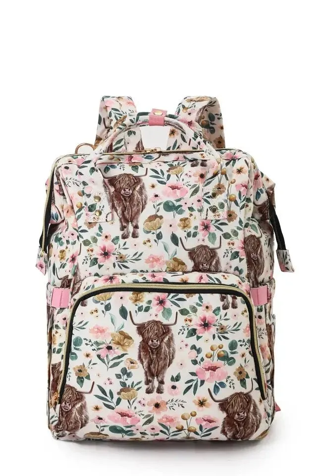 Cream & Pink Highland Cow   Flowers Diaper Bag