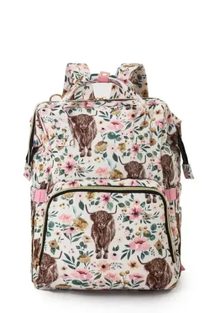 Cream & Pink Highland Cow   Flowers Diaper Bag
