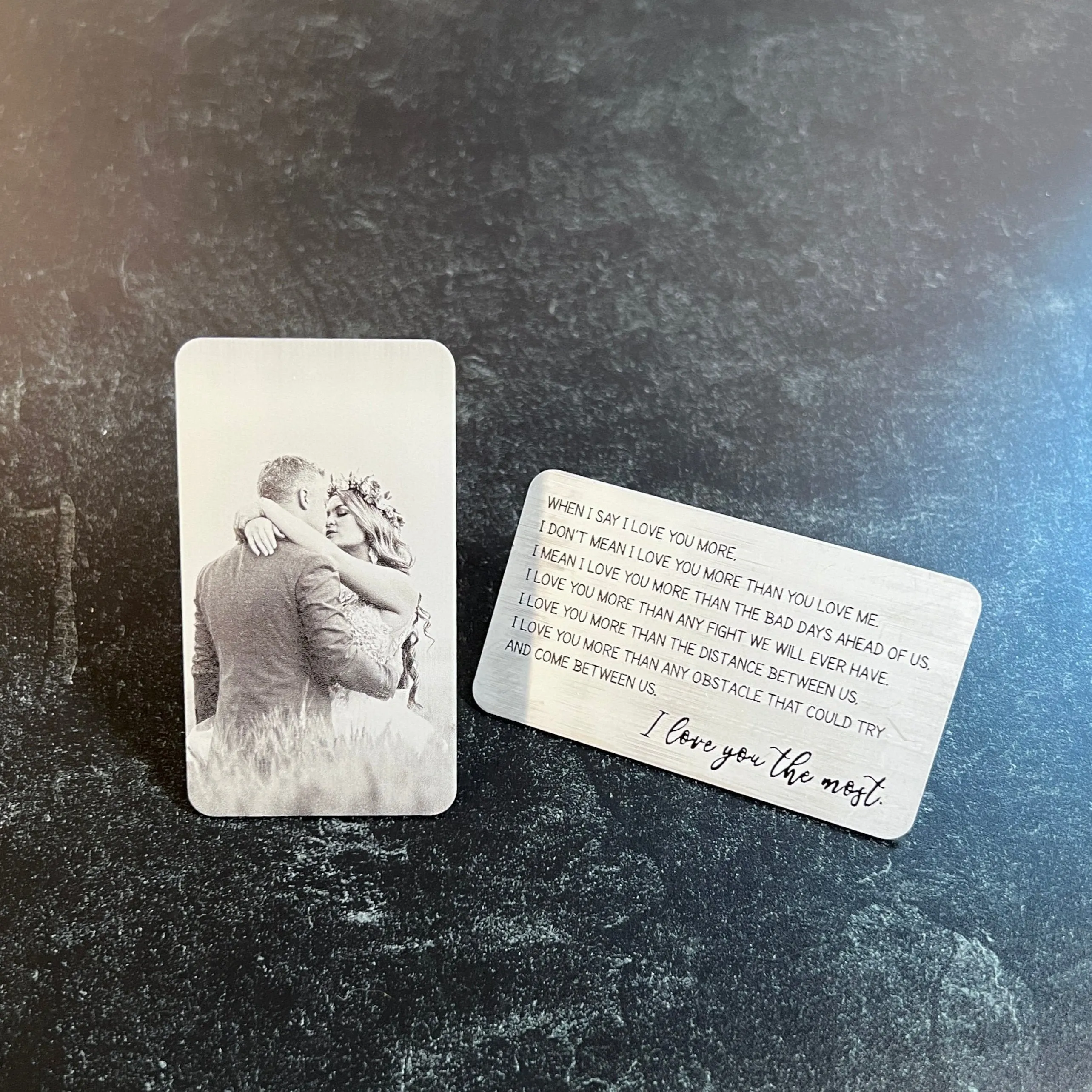 Custom Metal Engraved Photo Wallet Insert with Your Text on the Back