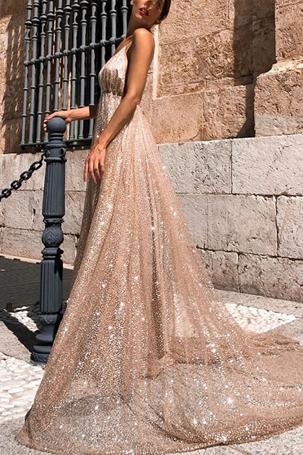 Cut Out Shoulders and A V Neck Shape Sparkly Dress