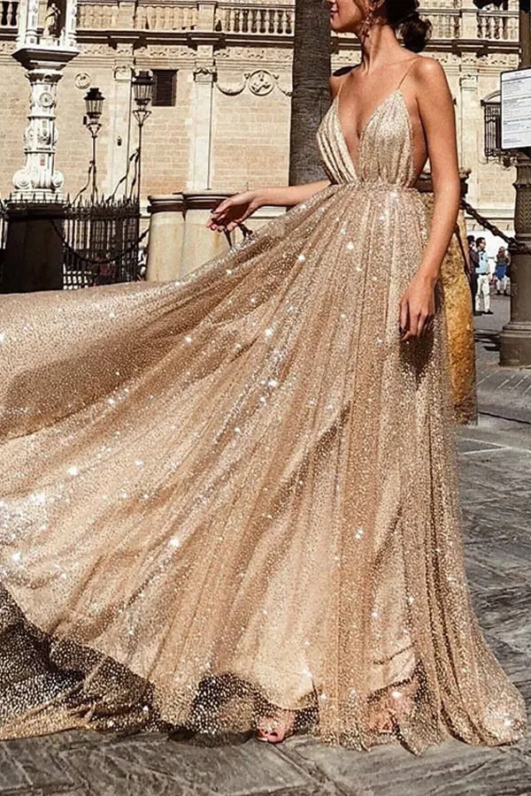Cut Out Shoulders and A V Neck Shape Sparkly Dress