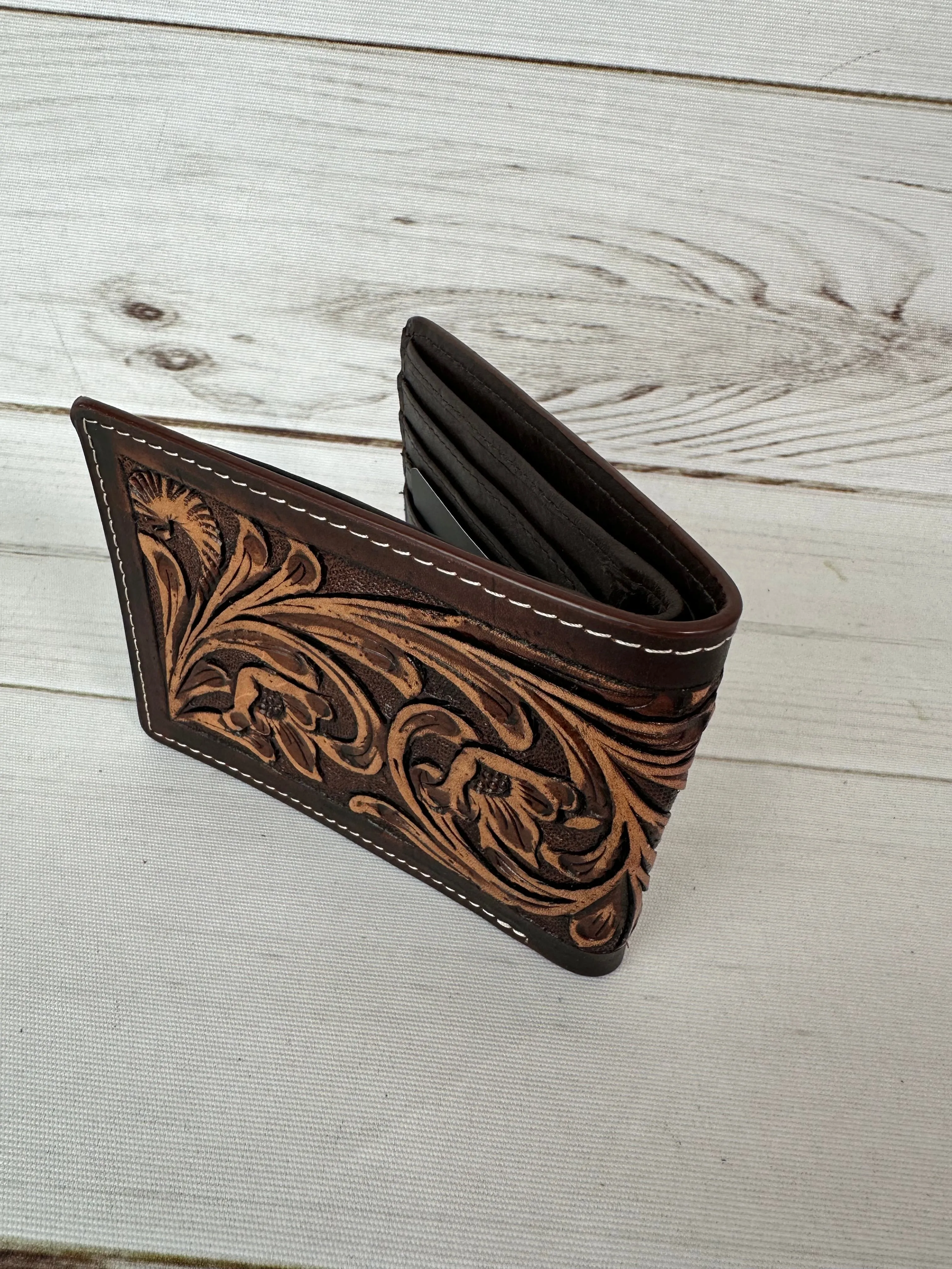 Dark Leather Tooled Cowhide Mens Western Wallet
