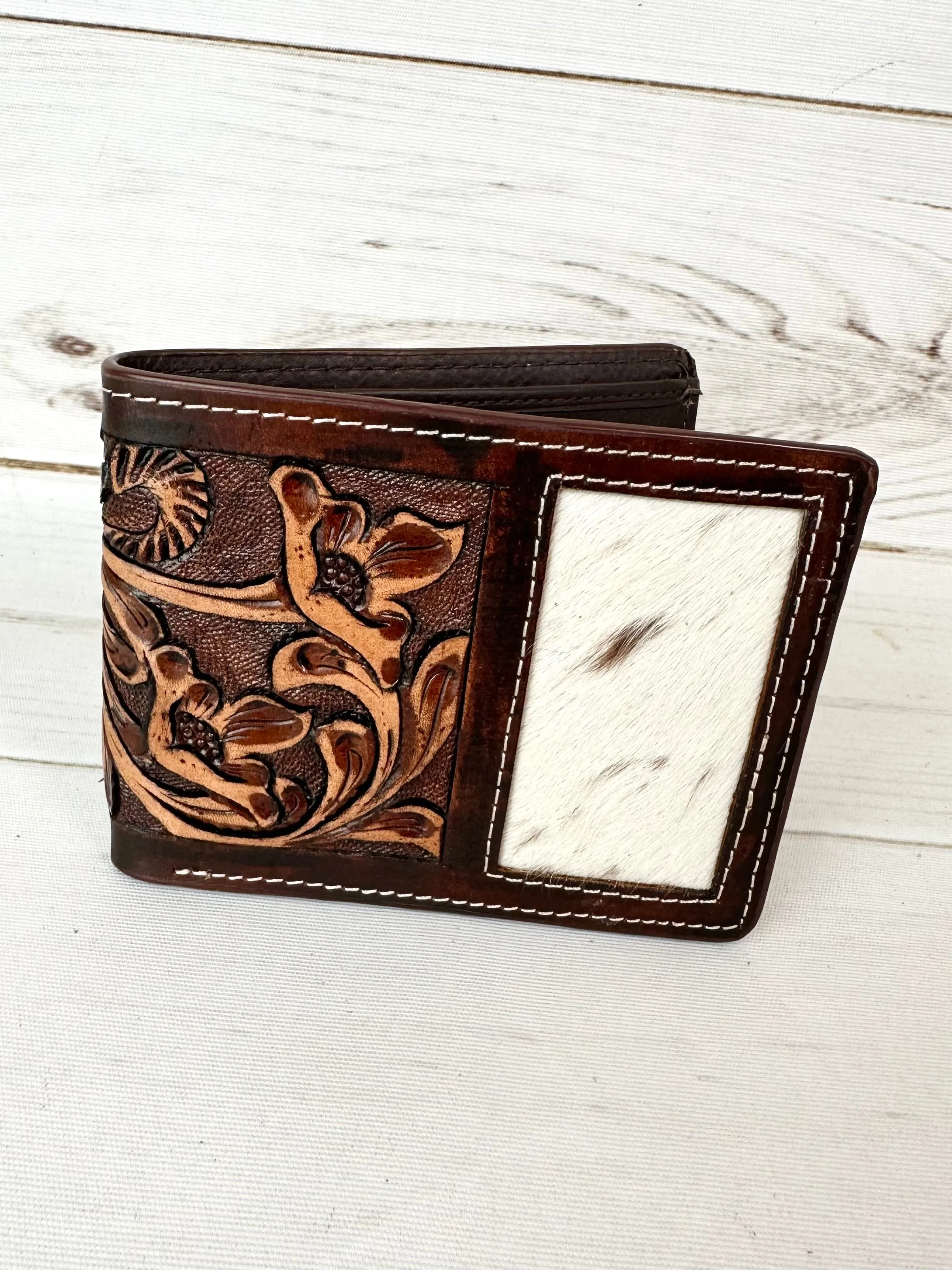 Dark Leather Tooled Cowhide Mens Western Wallet