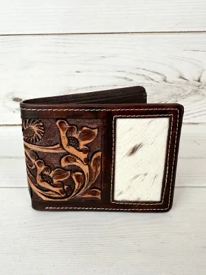 Dark Leather Tooled Cowhide Mens Western Wallet