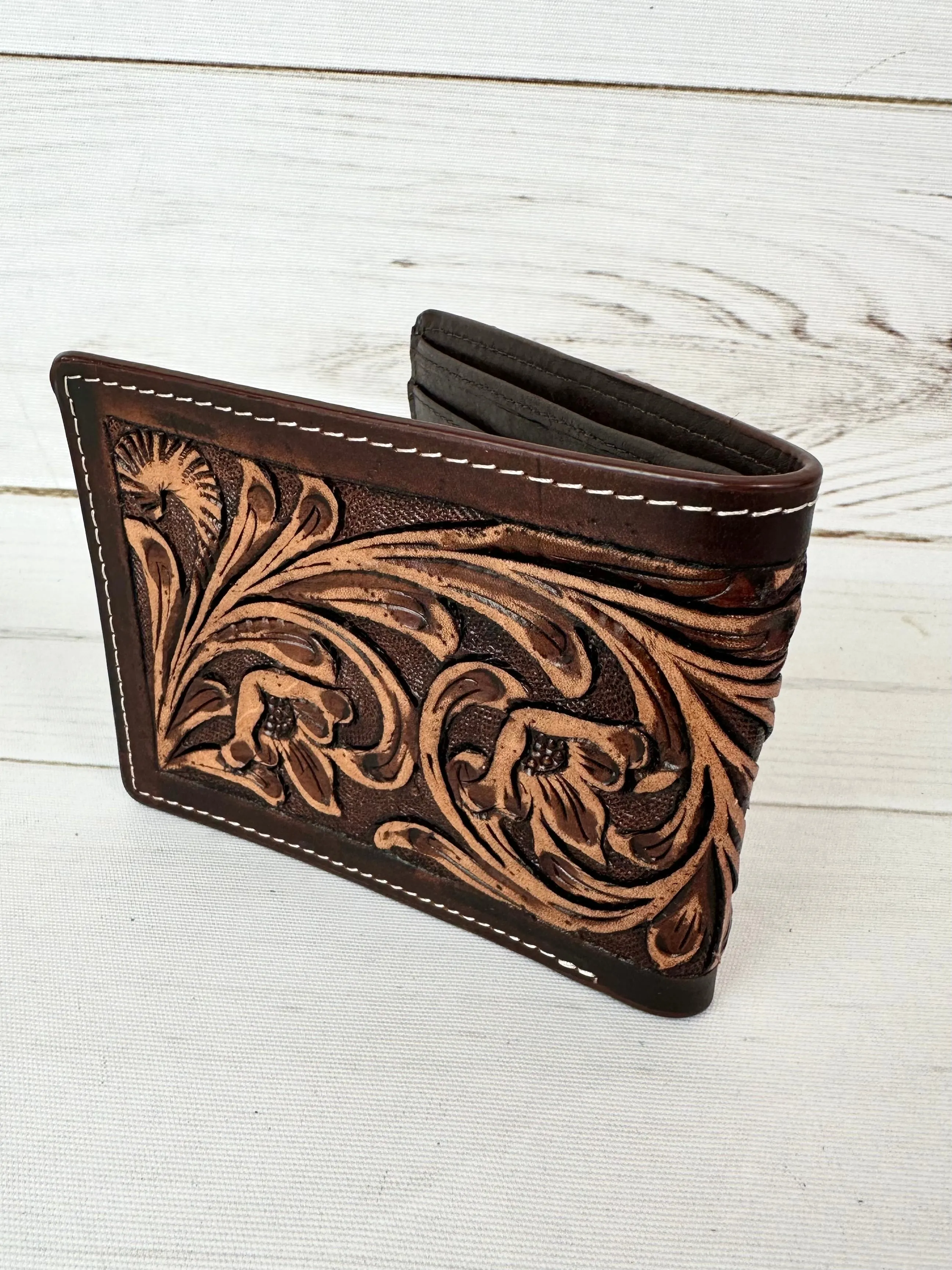 Dark Leather Tooled Cowhide Mens Western Wallet