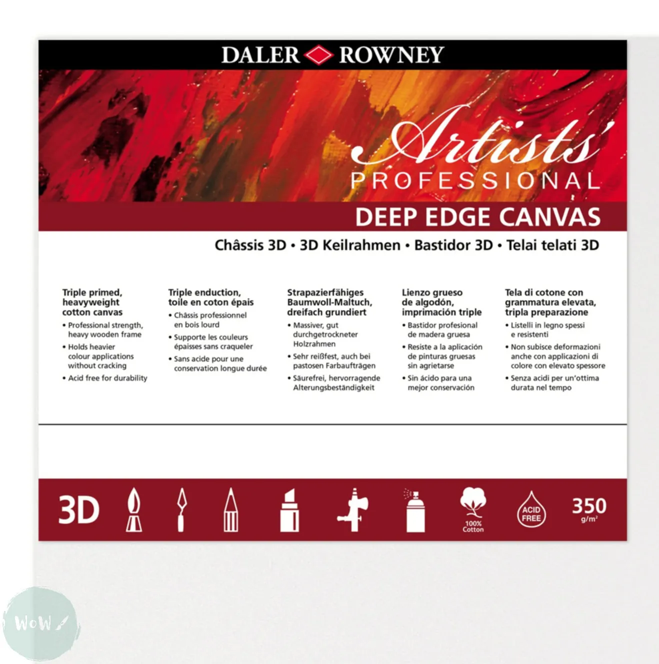 DEEP EDGE White Primed Stretched 100% Cotton Canvas – Daler Rowney -  ARTISTS 3D - 100 x 120cm (Approx. 39 x 48”) x 2