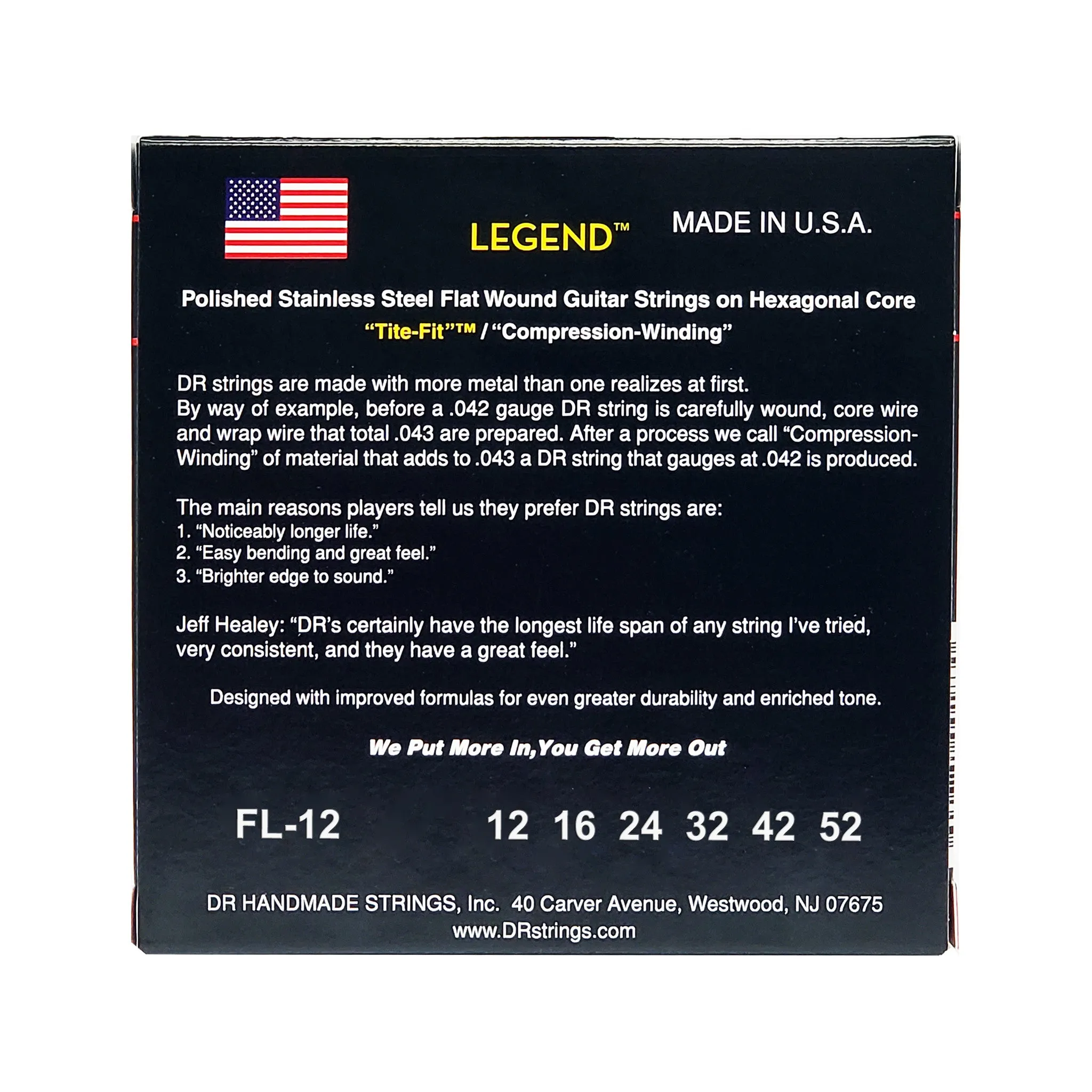 DR Strings FL-12 Legend Flatwound Electric Guitar Strings, Medium, 12-52