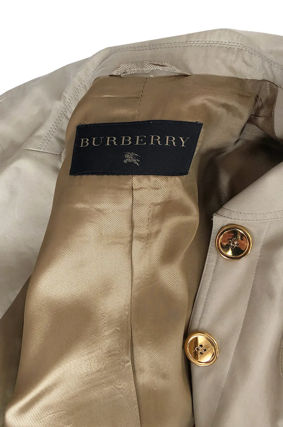 Early-mid 2000s Burberry Khaki & Gold Button Hip Flare Jacket