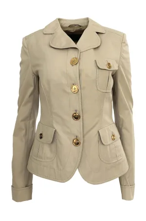 Early-mid 2000s Burberry Khaki & Gold Button Hip Flare Jacket