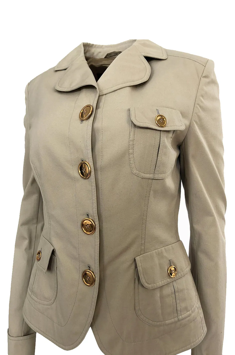Early-mid 2000s Burberry Khaki & Gold Button Hip Flare Jacket